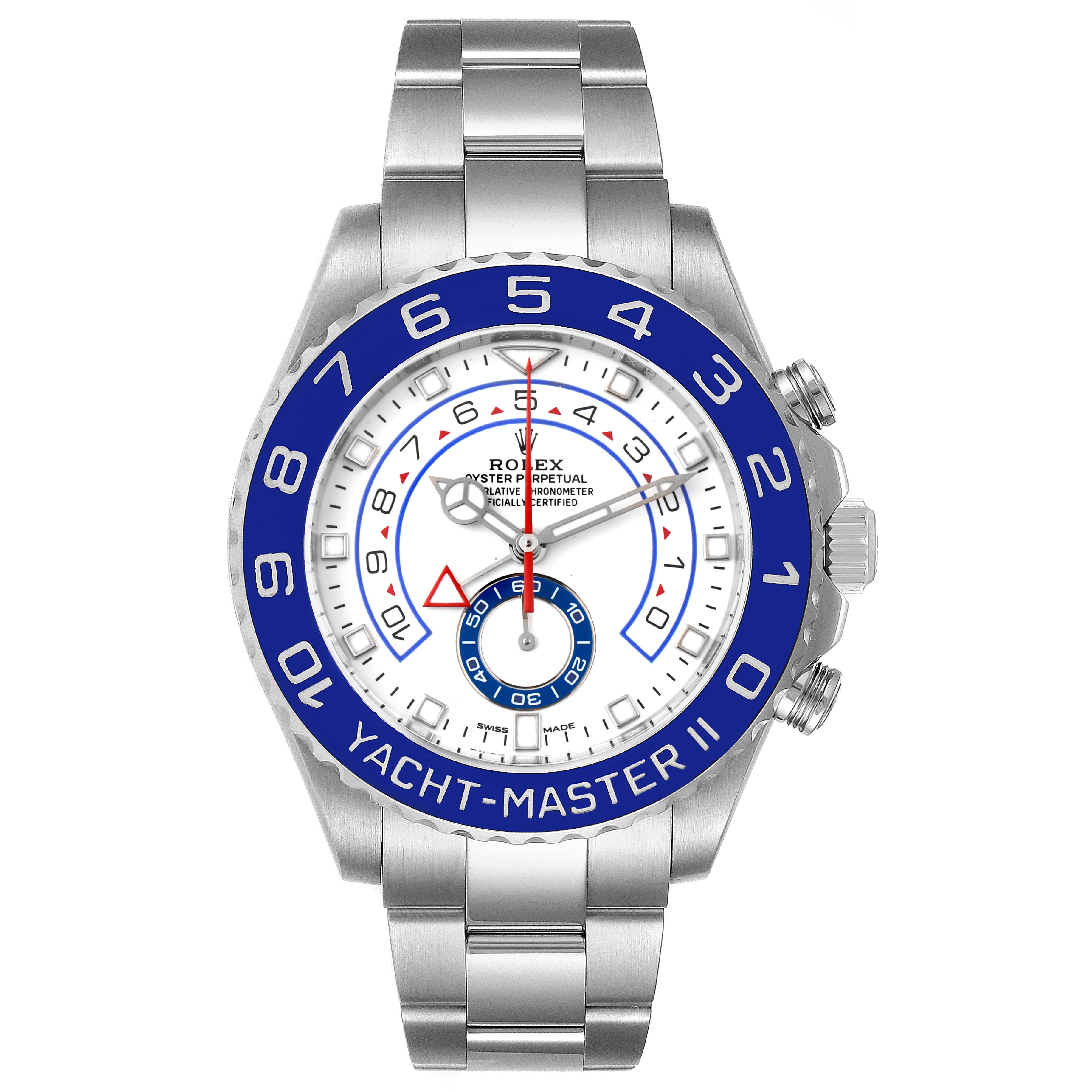 This Rolex Yacht-Master 116680 Men's Stainless Steel White Dial 116680 Men's Stainless Steel White Dial watch is shown from the front, highlighting its dial, bezel, and bracelet.