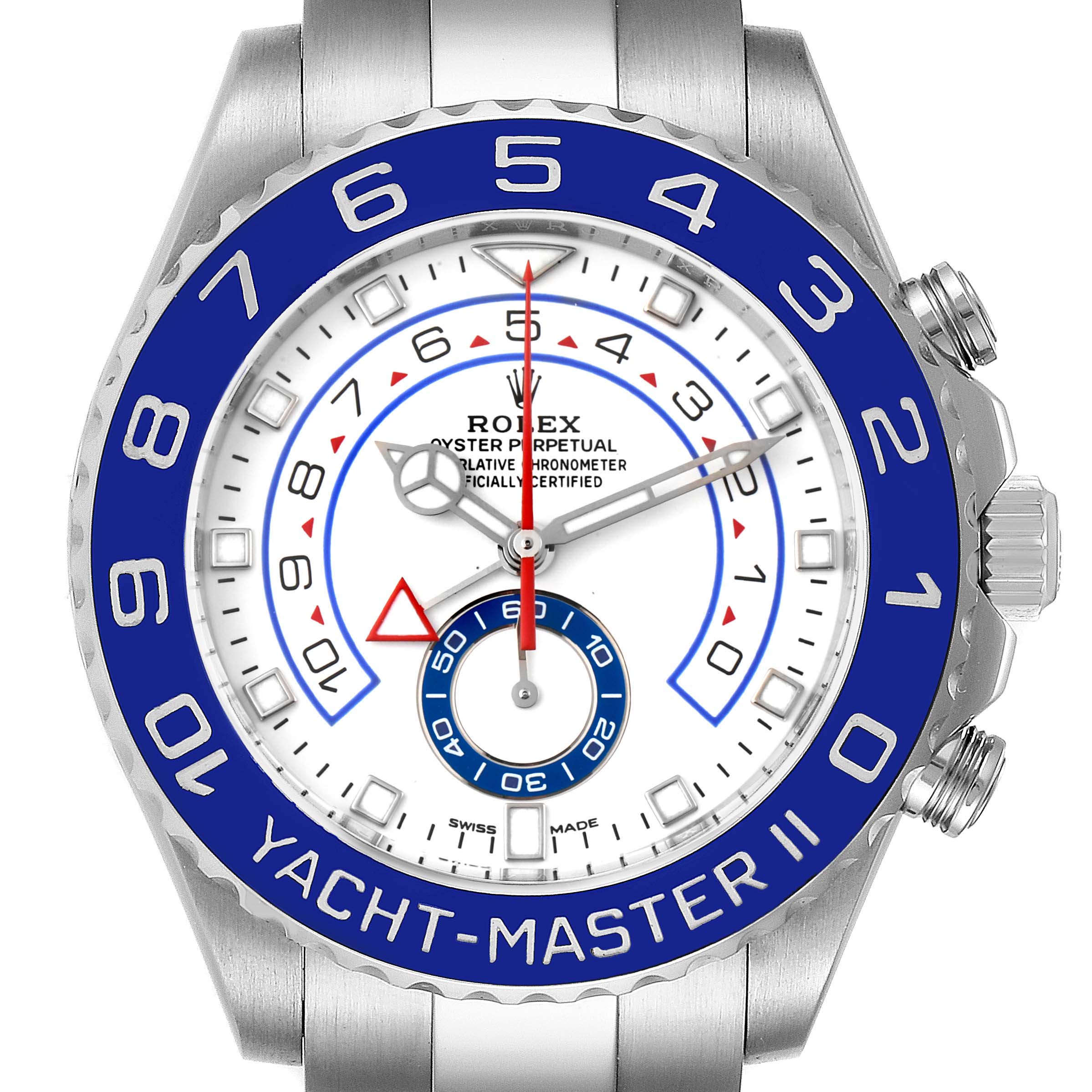 The image shows a front view of a Rolex Yacht-Master 116680 Men's Stainless Steel White Dial 116680 Men's Stainless Steel White Dial II watch, highlighting its dial, blue bezel, and crown.