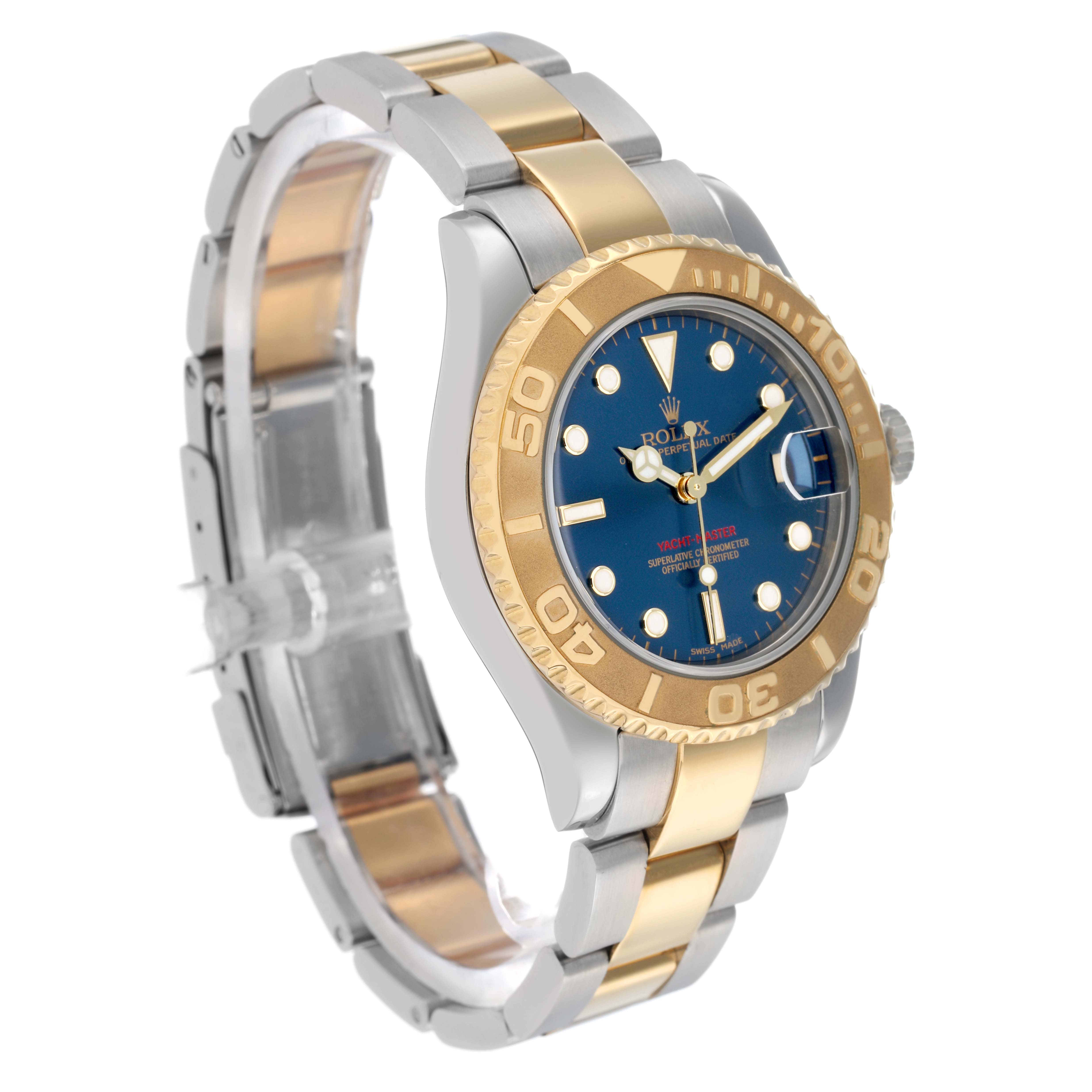 The Rolex Yacht-Master 168623 Men's Steel and Gold (two tone) Blue Dial watch is shown at a three-quarter angle, highlighting the two-tone bracelet and blue dial.