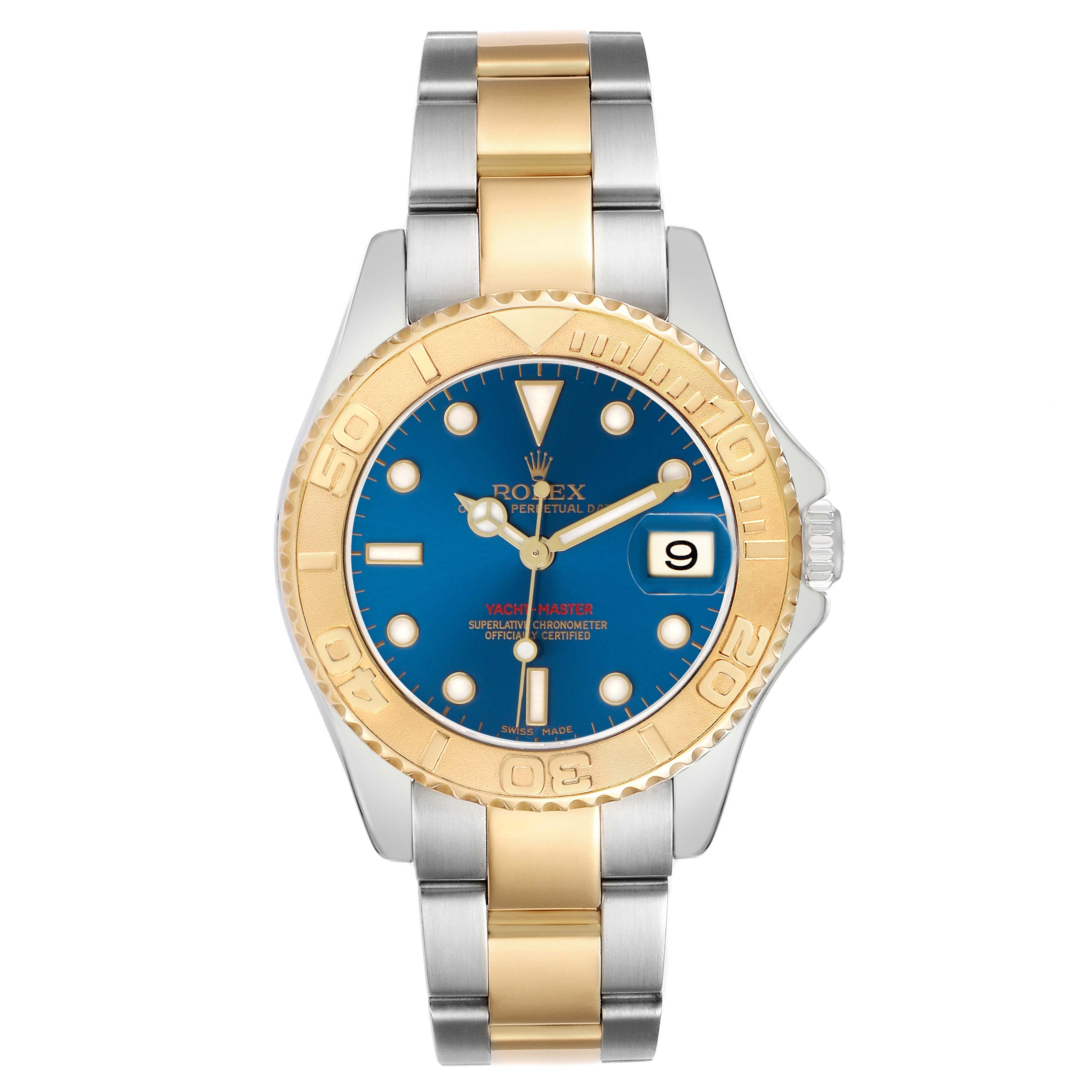 The Rolex Yacht-Master 168623 Men's Steel and Gold (two tone) Blue Dial watch is shown from a front angle, displaying the dial, bezel, and bracelet.