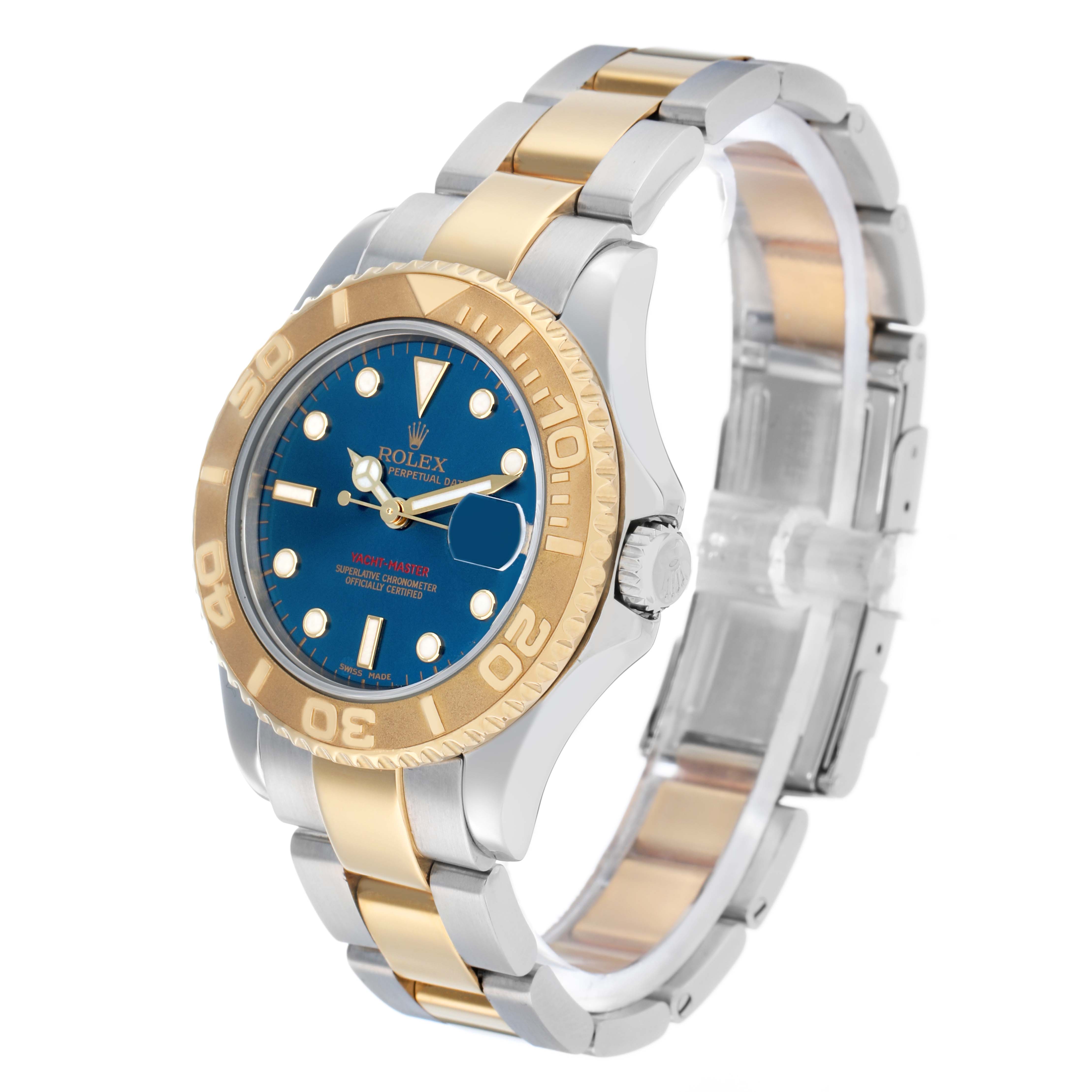 The Rolex Yacht-Master 168623 Men's Steel and Gold (two tone) Blue Dial is shown at a three-quarter angle, displaying the bezel, dial, crown, and two-tone bracelet.