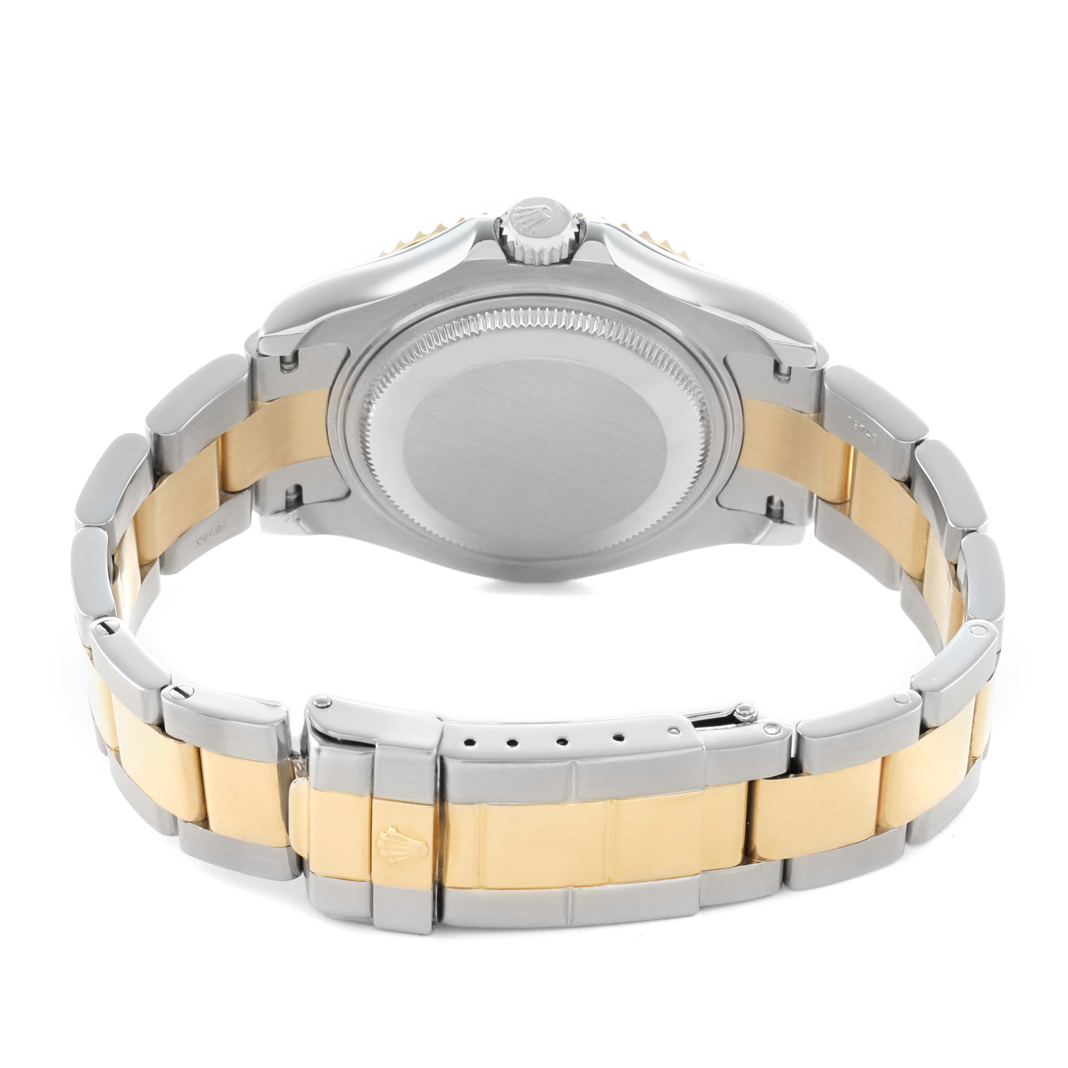 The image shows the back view of a Rolex Yacht-Master 168623 Men's Steel and Gold (two tone) Blue Dial watch highlighting the case back, bracelet, and clasp.