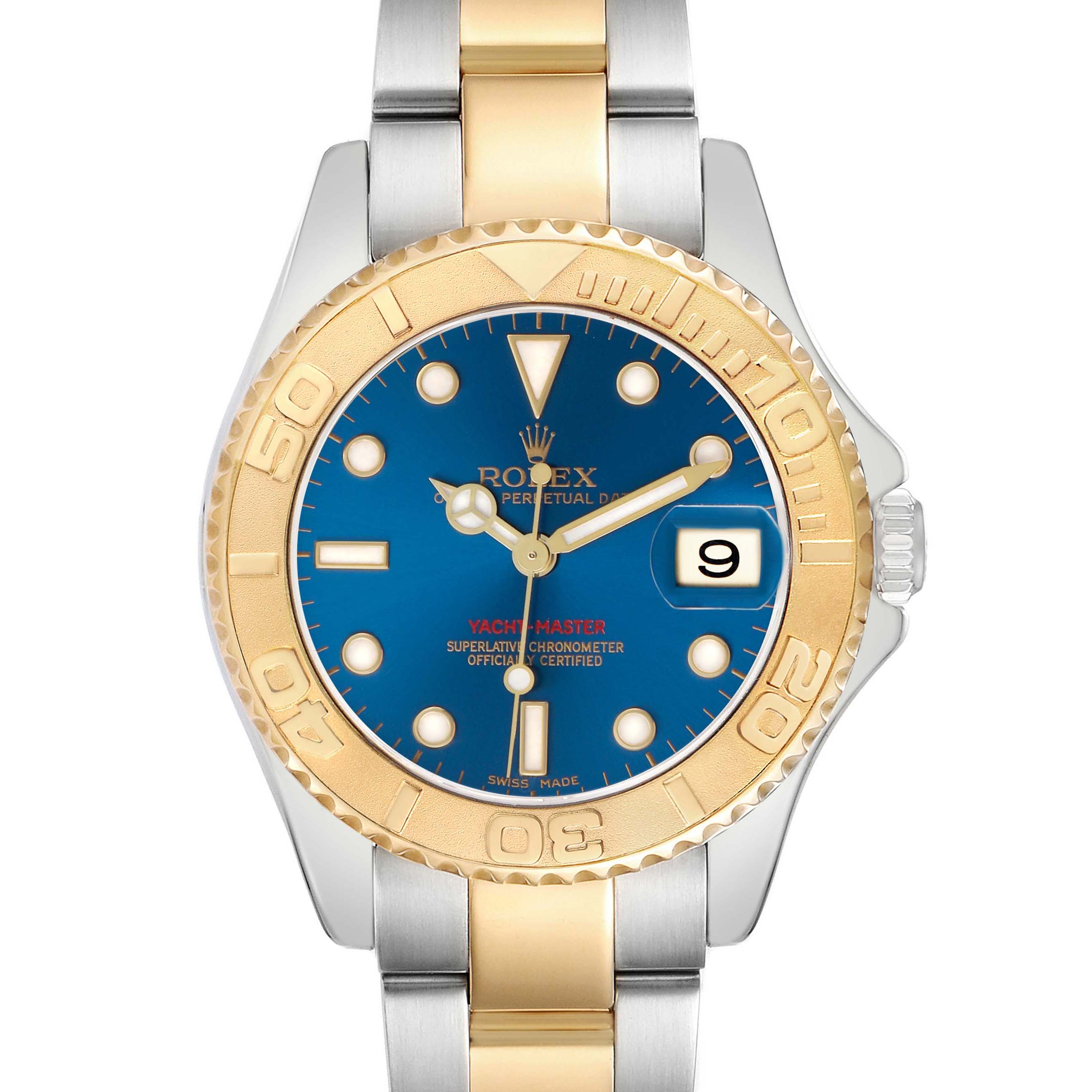 The Rolex Yacht-Master 168623 Men's Steel and Gold (two tone) Blue Dial watch is shown from a top view, highlighting the blue dial, gold bezel, and two-tone bracelet.