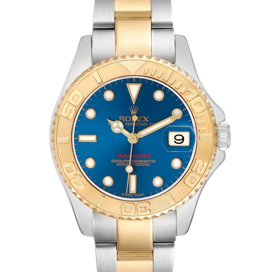 The Rolex Yacht-Master 168623 Men's Steel and Gold (two tone) Blue Dial watch is shown from a top view, highlighting the blue dial, gold bezel, and two-tone bracelet.