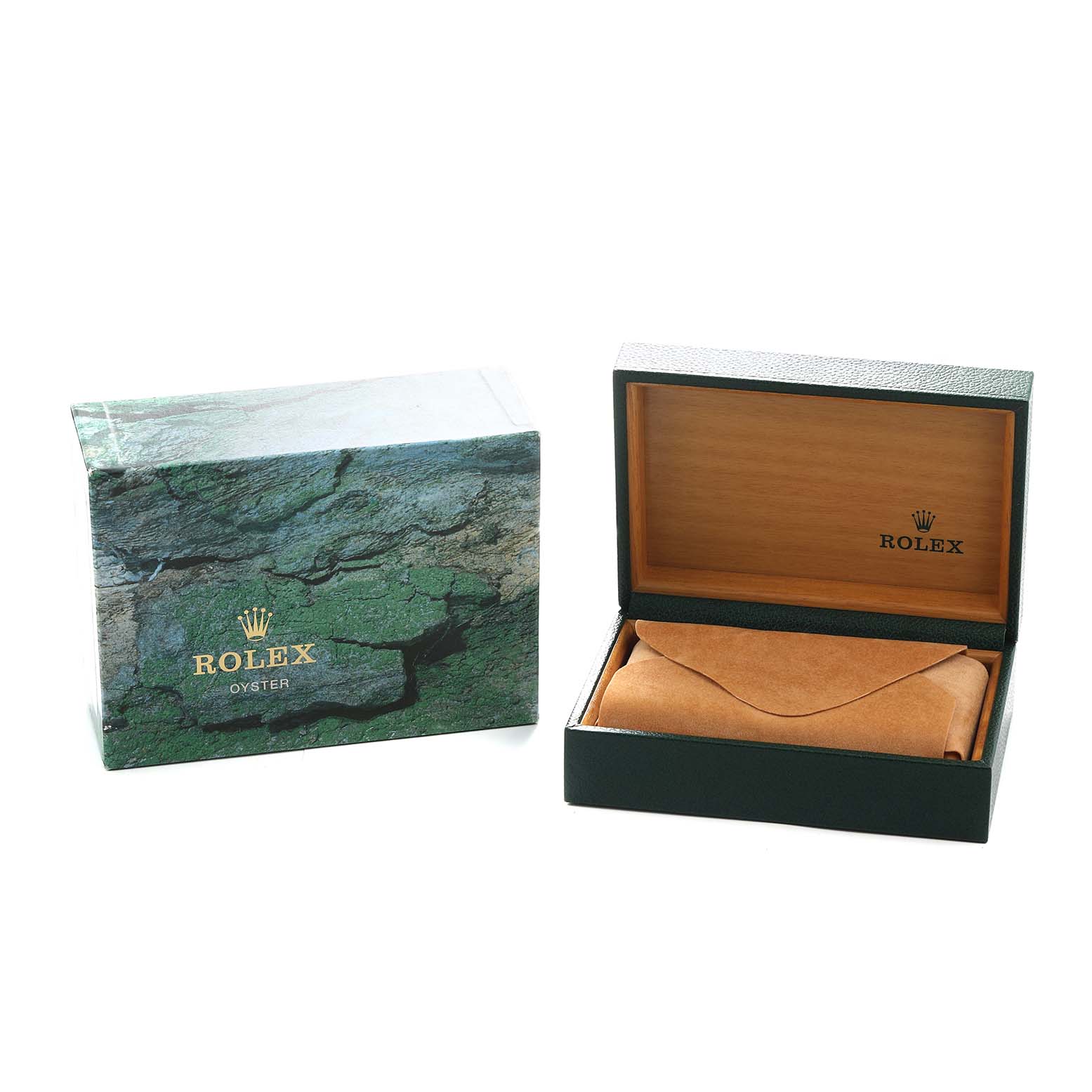 The image shows packaging for the Rolex Yacht-Master 168623 Men's Steel and Gold (two tone) Blue Dial, including an outer box and an open main watch box with a pouch.