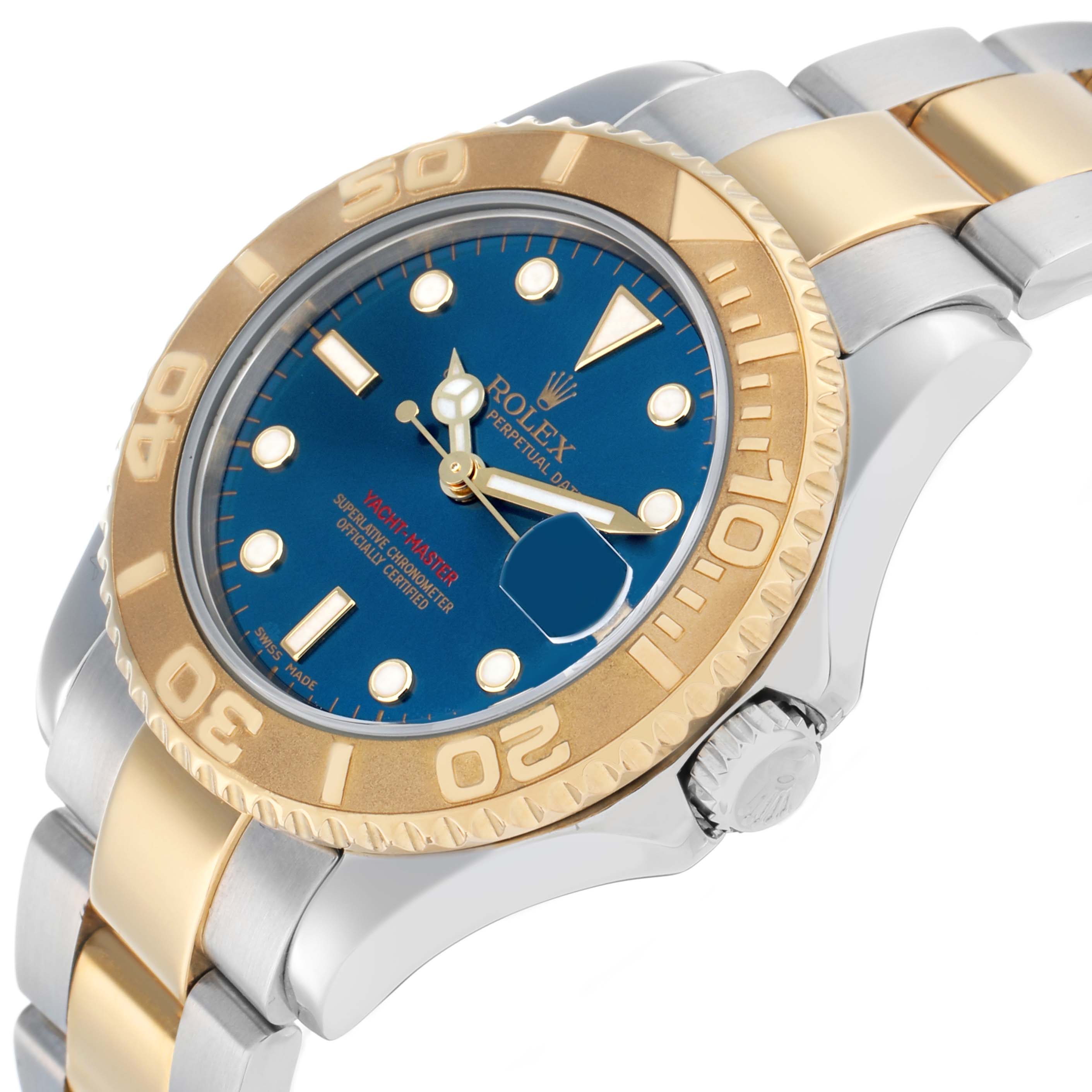 The Rolex Yacht-Master 168623 Men's Steel and Gold (two tone) Blue Dial watch is shown from an angled front view, highlighting the bezel, face, and bracelet.