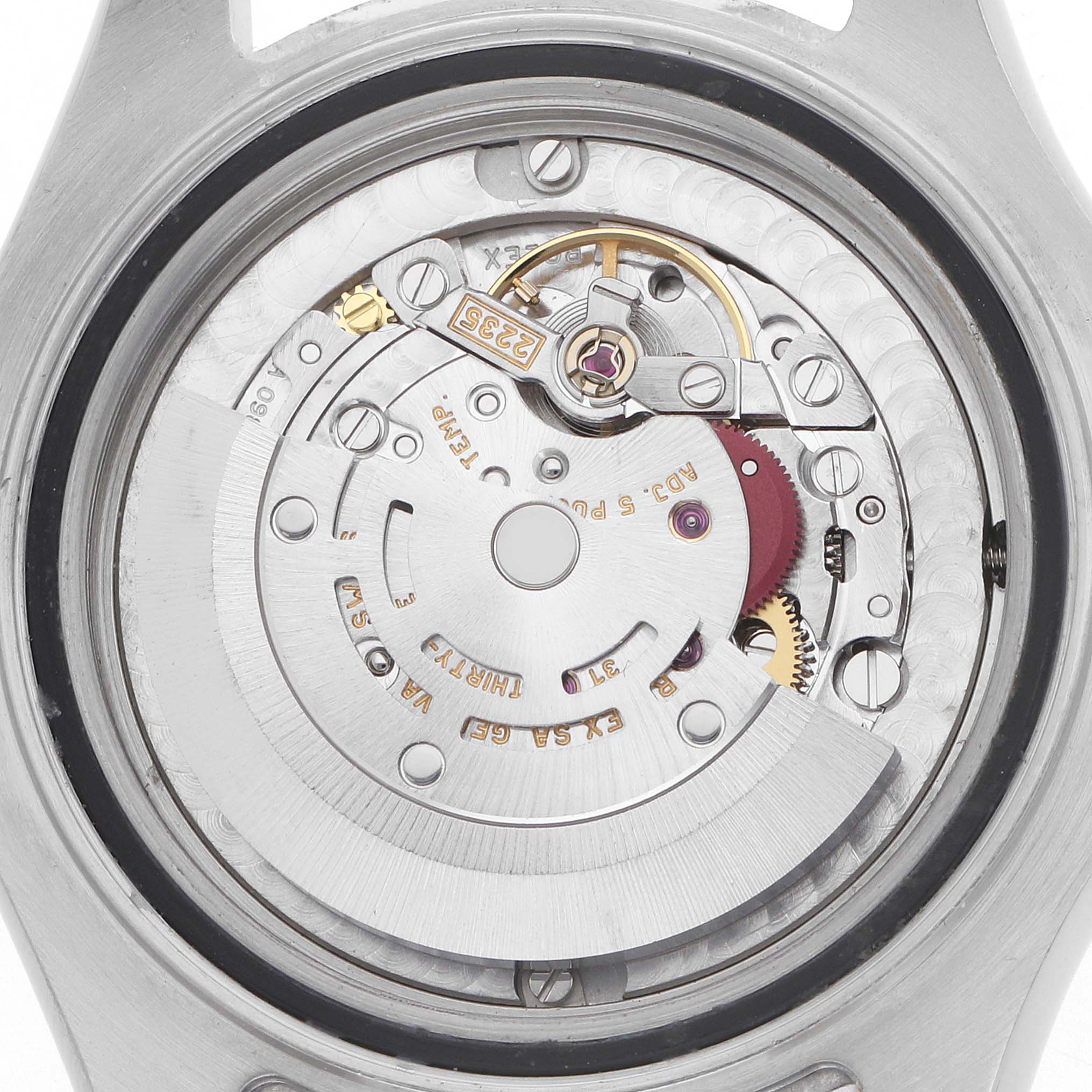 The image shows the movement of a Rolex Yacht-Master 168623 Men's Steel and Gold (two tone) Blue Dial watch from a back angle, highlighting the intricate internal components.