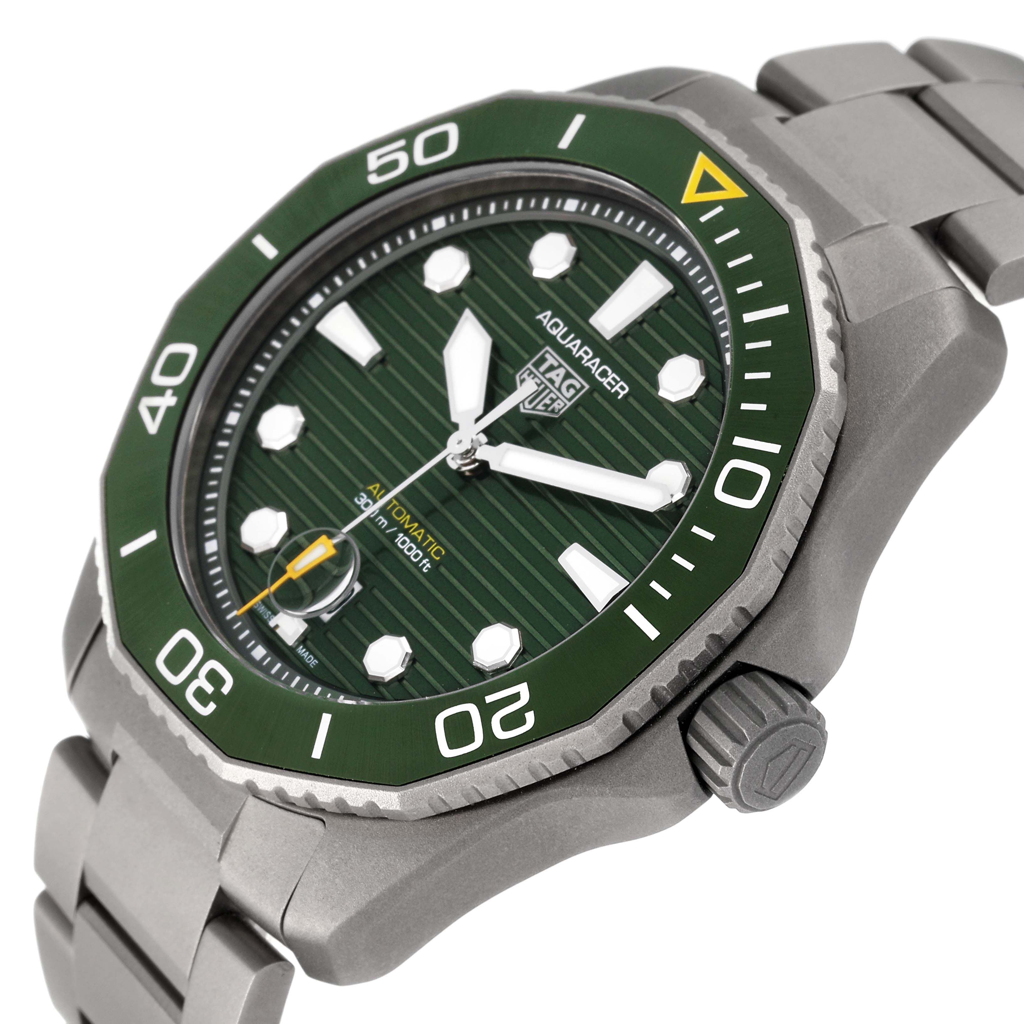 This image shows a Tag Heuer Aquaracer WBP208B.BF0631 Men's Titanium Green Dial WBP208B.BF0631 Men's Titanium Green Dial watch at a slight angle, highlighting its green dial, bezel, and metal bracelet.