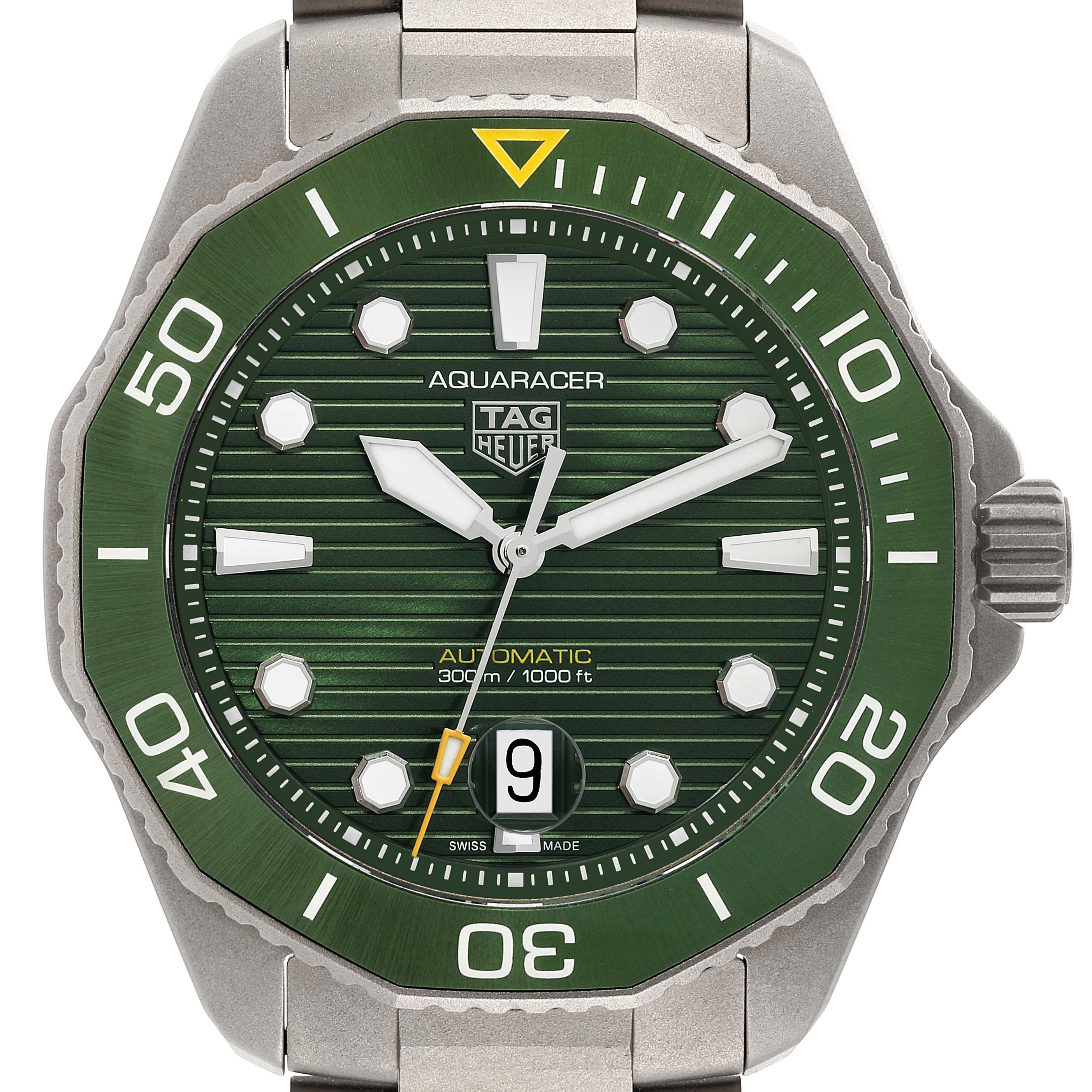 This is a frontal view of the green dial Tag Heuer Aquaracer WBP208B.BF0631 Men's Titanium Green Dial WBP208B.BF0631 Men's Titanium Green Dial watch, showing the full face, bezel, and partial strap.