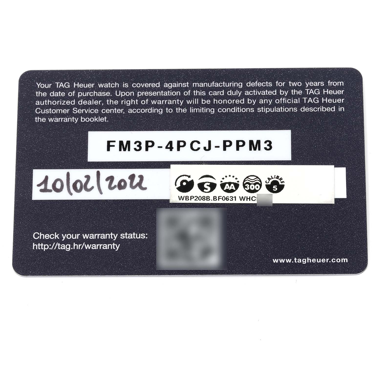 This appears to be a warranty card for the Tag Heuer Aquaracer WBP208B.BF0631 Men's Titanium Green Dial WBP208B.BF0631 Men's Titanium Green Dial watch model, showing the warranty details and serial number.