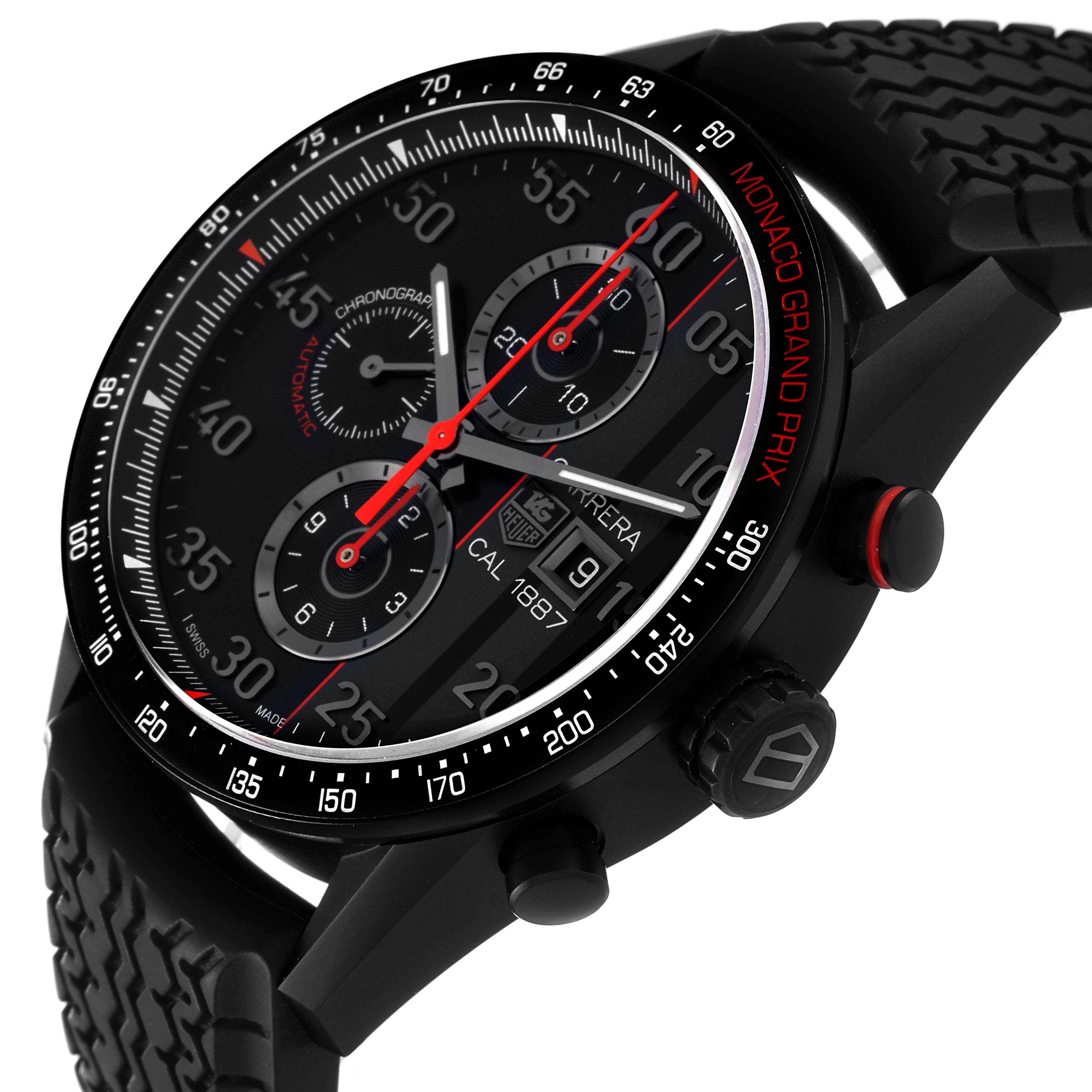 The image shows a side-angle view of the Tag Heuer Carrera CAR2A83.FT6033 Men's Titanium Black Dial CAR2A83.FT6033 Men's Titanium Black Dial Monaco Grand Prix watch, highlighting the face, bezel, and crown.