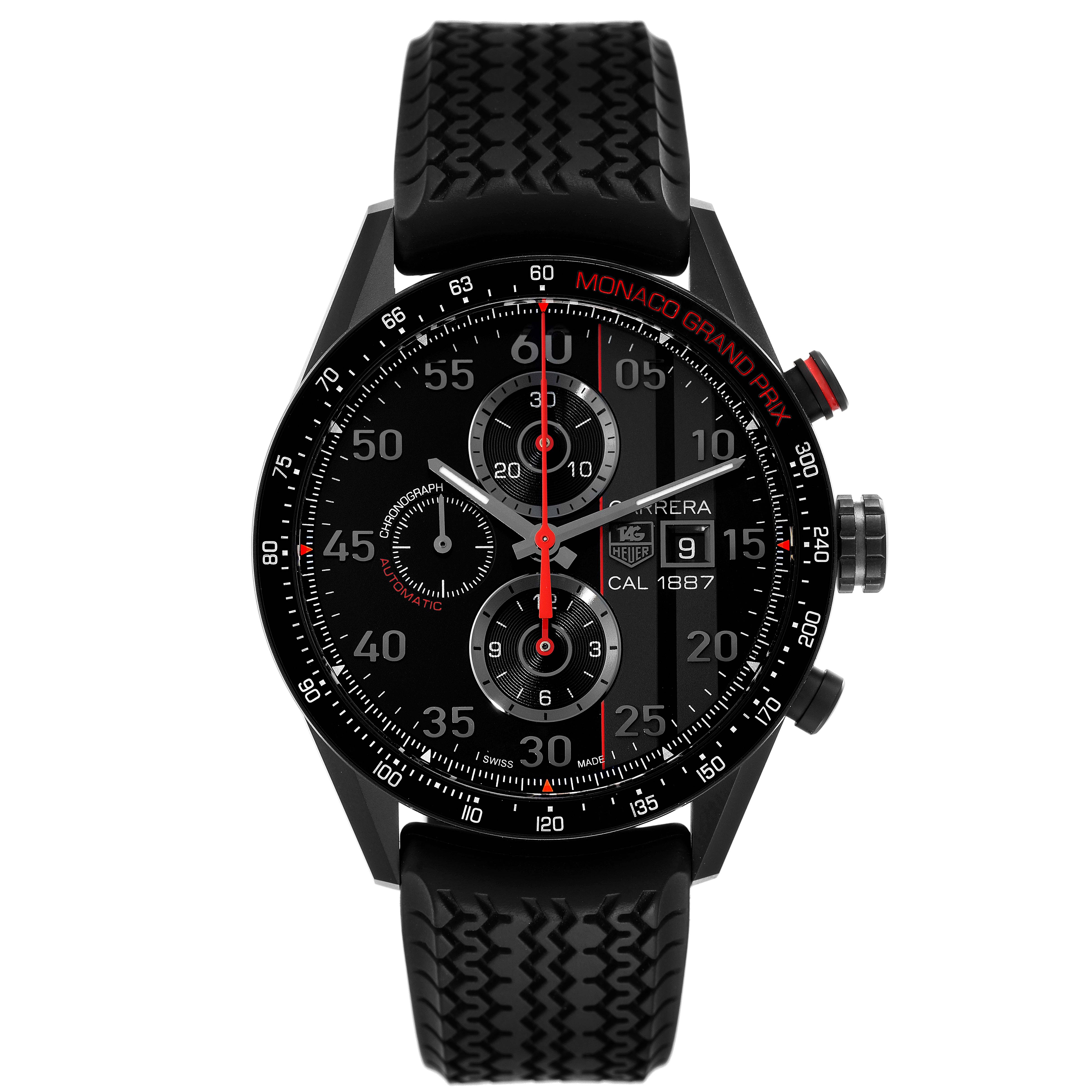 The Tag Heuer Carrera CAR2A83.FT6033 Men's Titanium Black Dial CAR2A83.FT6033 Men's Titanium Black Dial watch is shown from a front angle, highlighting its face, bezel, and strap.