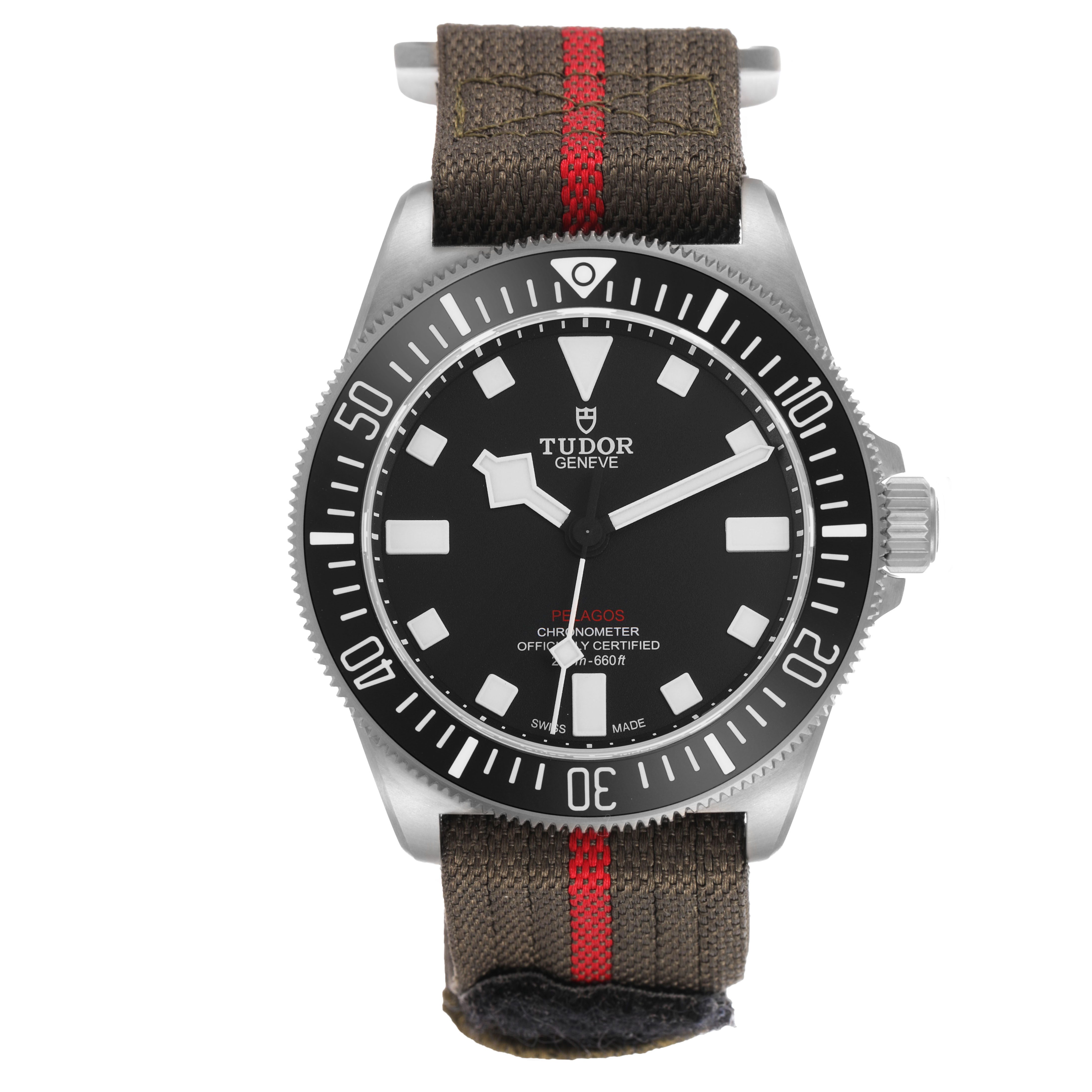 The Tudor Pelagos 25717 Men's Titanium Black Dial watch is shown from a top-down angle, displaying the face, bezel, and strap.