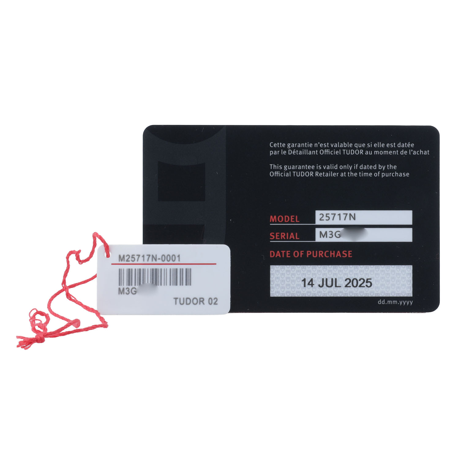 The image shows a warranty card and tag for the Tudor Pelagos 25717 Men's Titanium Black Dial model, displaying model number, serial, and purchase date.