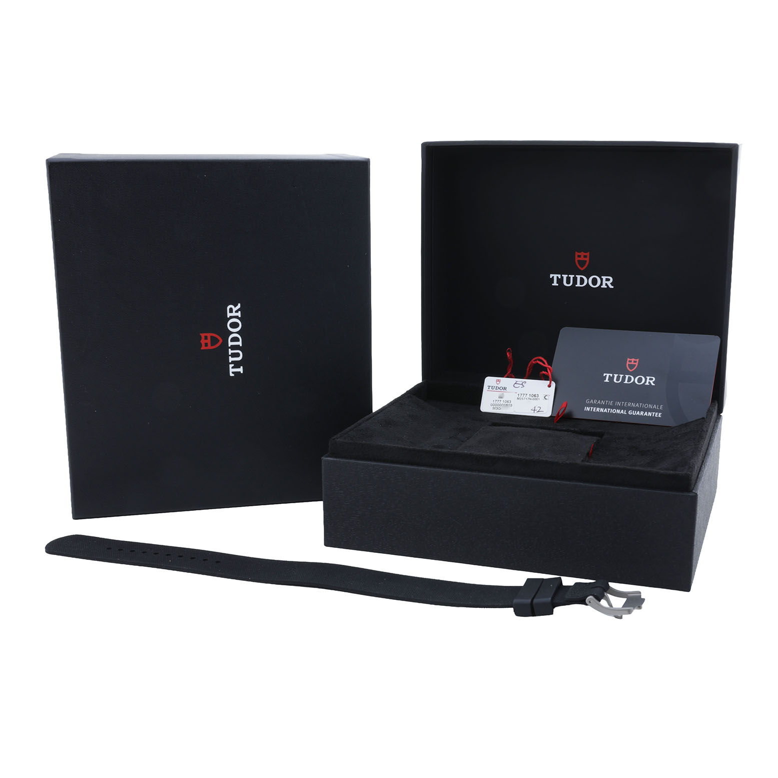 The image shows the packaging, warranty card, and an extra strap for a Tudor Pelagos 25717 Men's Titanium Black Dial watch.