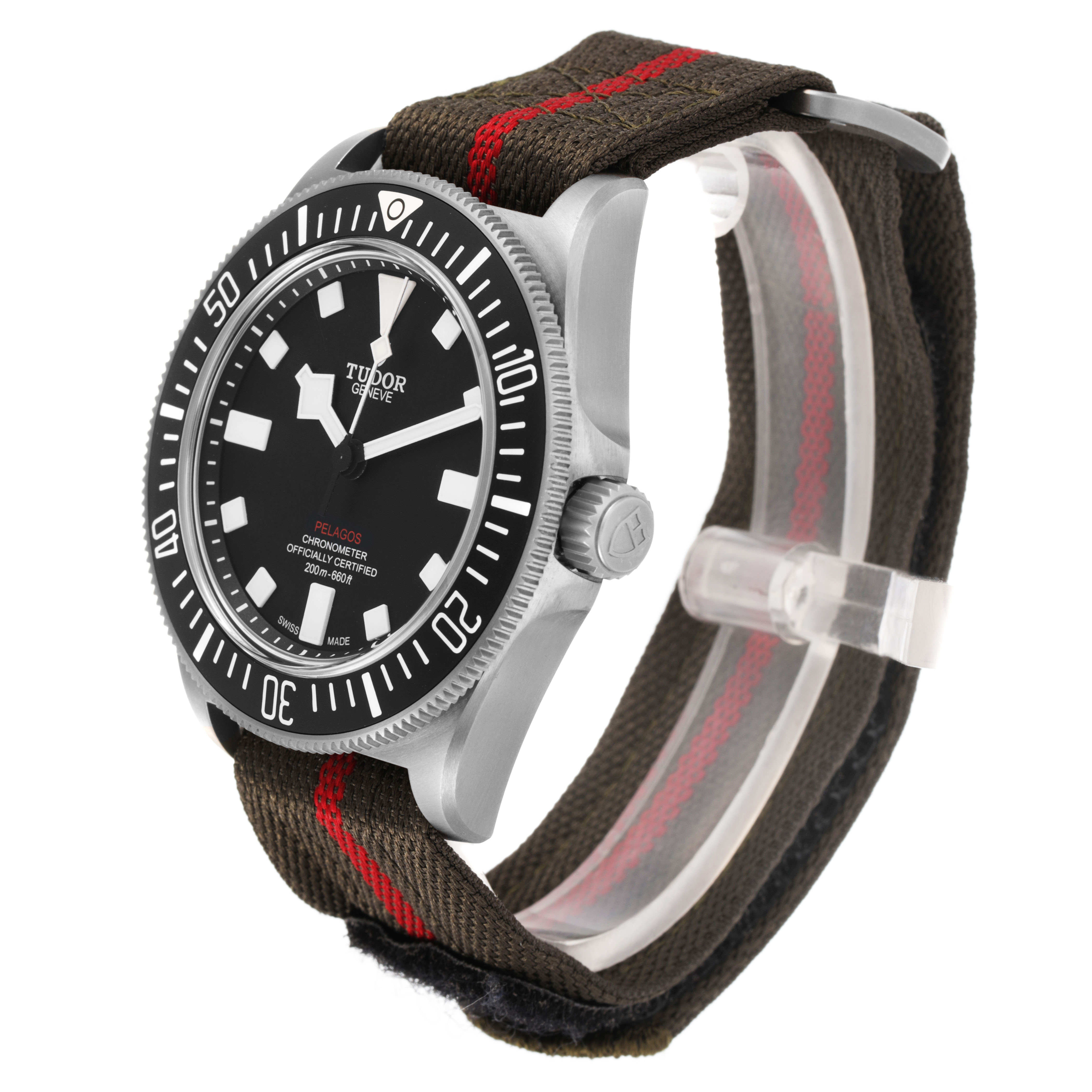 The Tudor Pelagos 25717 Men's Titanium Black Dial watch is shown at a side angle, highlighting the bezel, crown, and fabric strap.