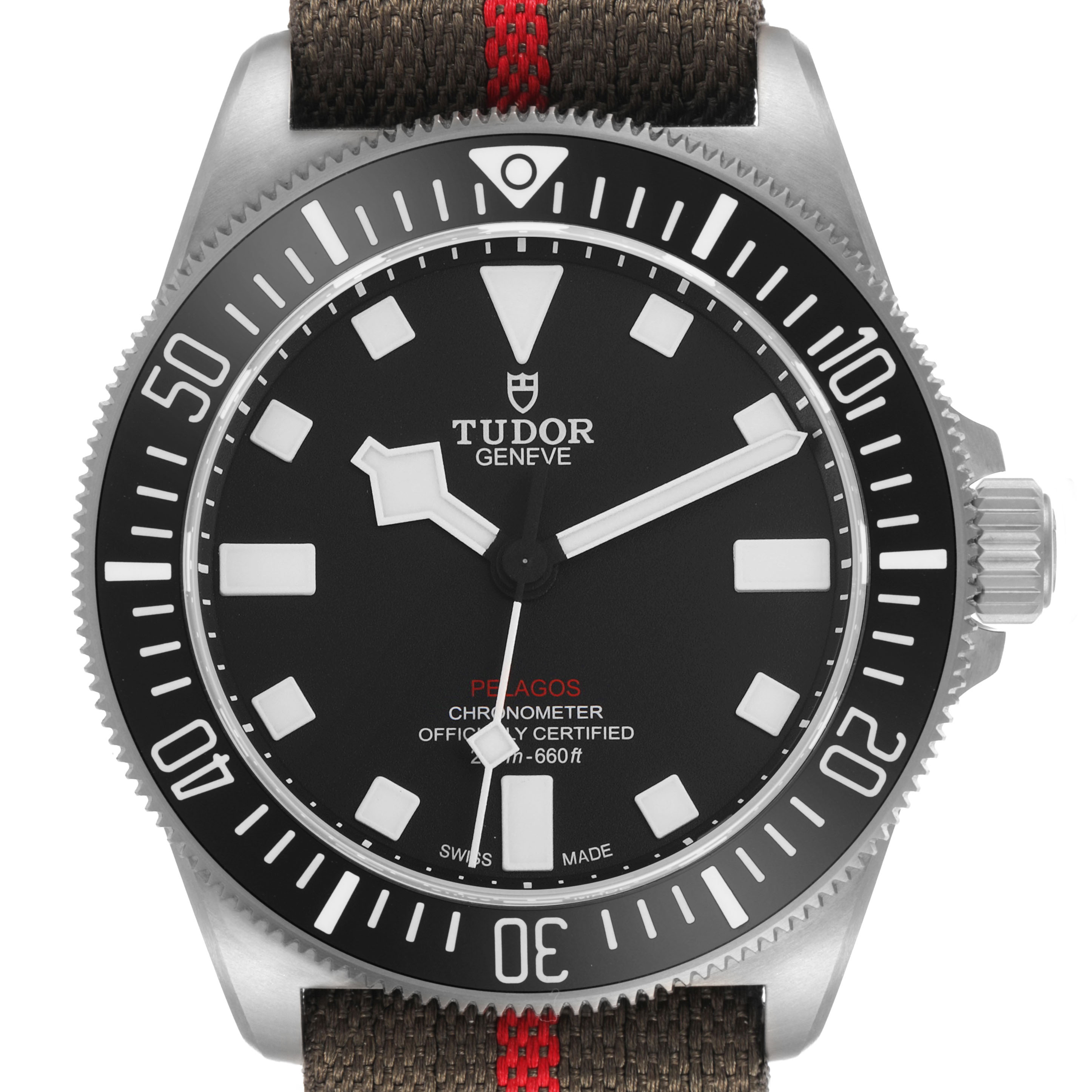 The Tudor Pelagos 25717 Men's Titanium Black Dial watch is shown from a front angle, highlighting the dial, bezel, and part of the crown.
