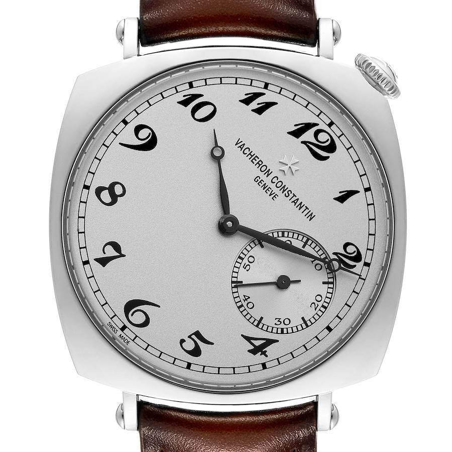 The Vacheron Constantin Historiques watch is shown from a front angle, highlighting the dial, case, and brown leather strap.