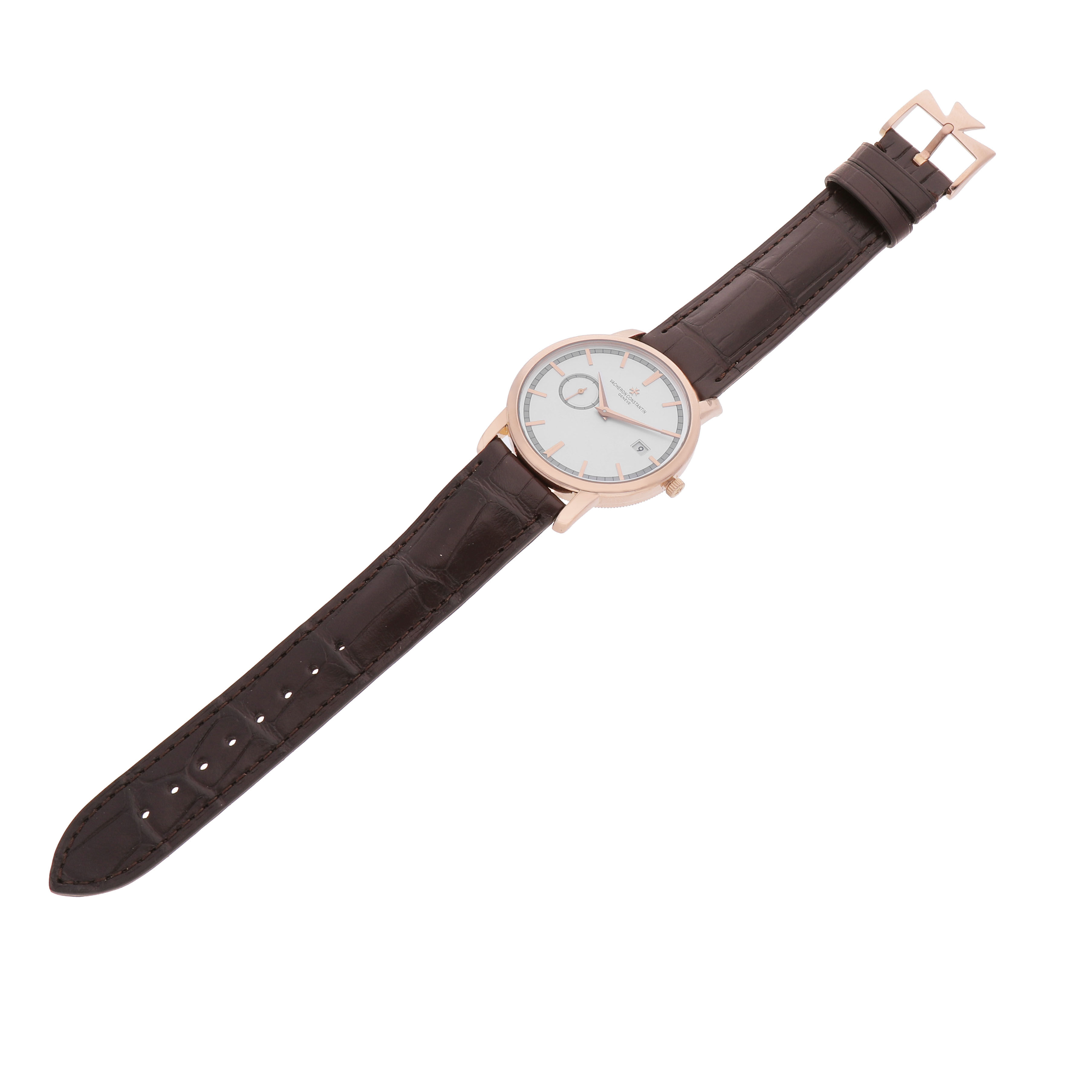 The Vacheron Constantin Traditionnelle 87172/000R-9302 Men's Rose Gold Silver Dial watch is shown from a top-down angle, displaying the face, case, and strap.