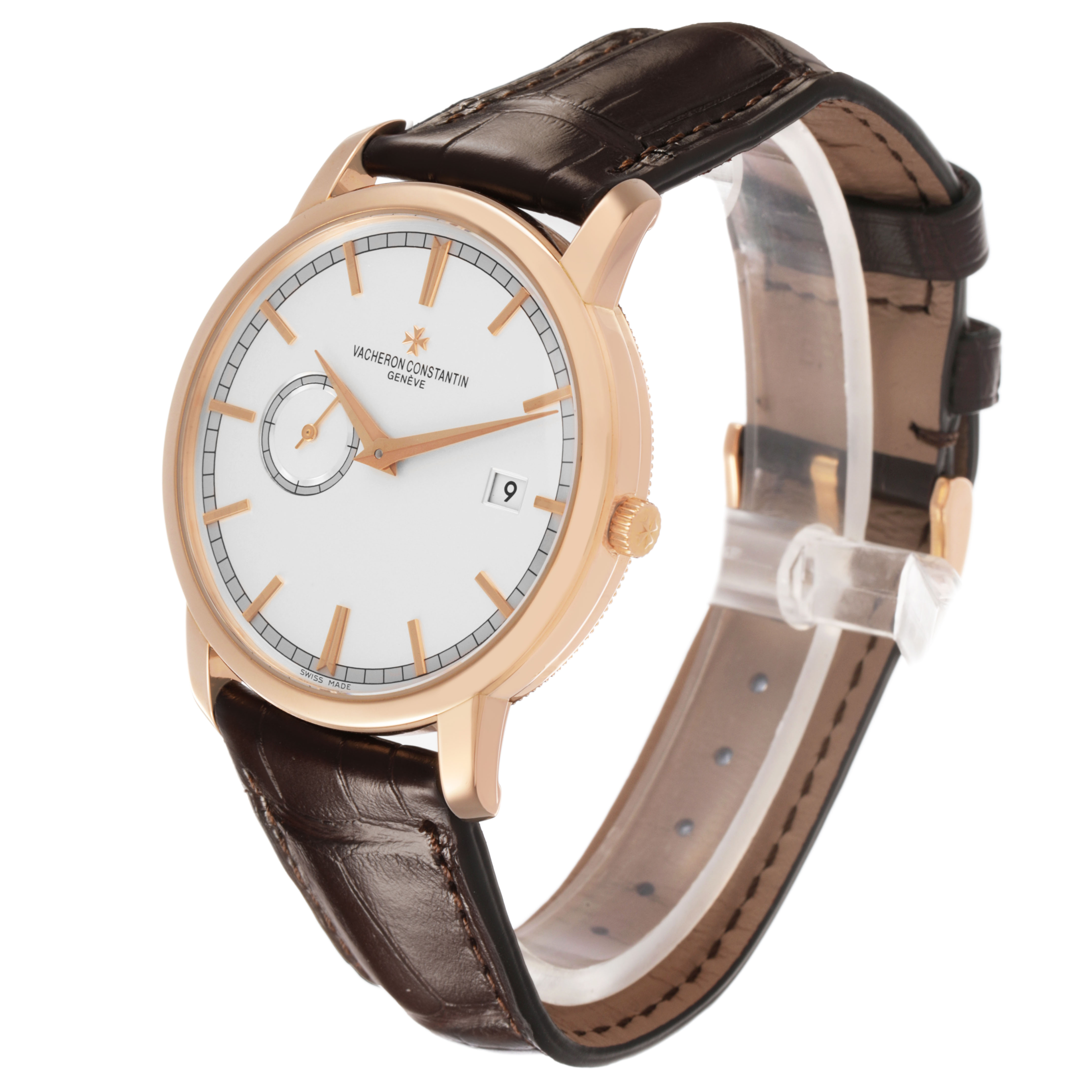 The Vacheron Constantin Traditionnelle 87172/000R-9302 Men's Rose Gold Silver Dial watch is shown at a three-quarter angle, displaying the dial, case, crown, and leather strap.