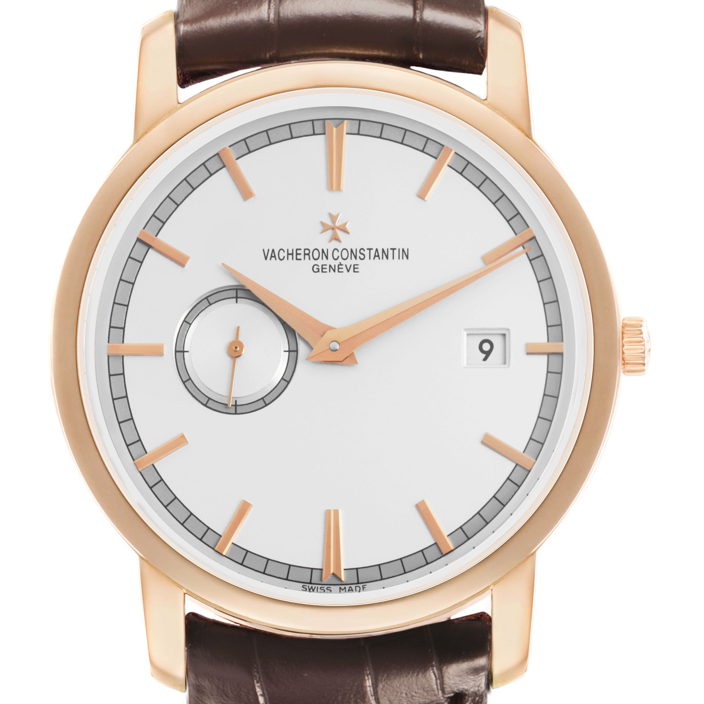 The Vacheron Constantin Traditionnelle 87172/000R-9302 Men's Rose Gold Silver Dial watch is shown from the front, displaying its dial, hands, date feature, and leather strap.