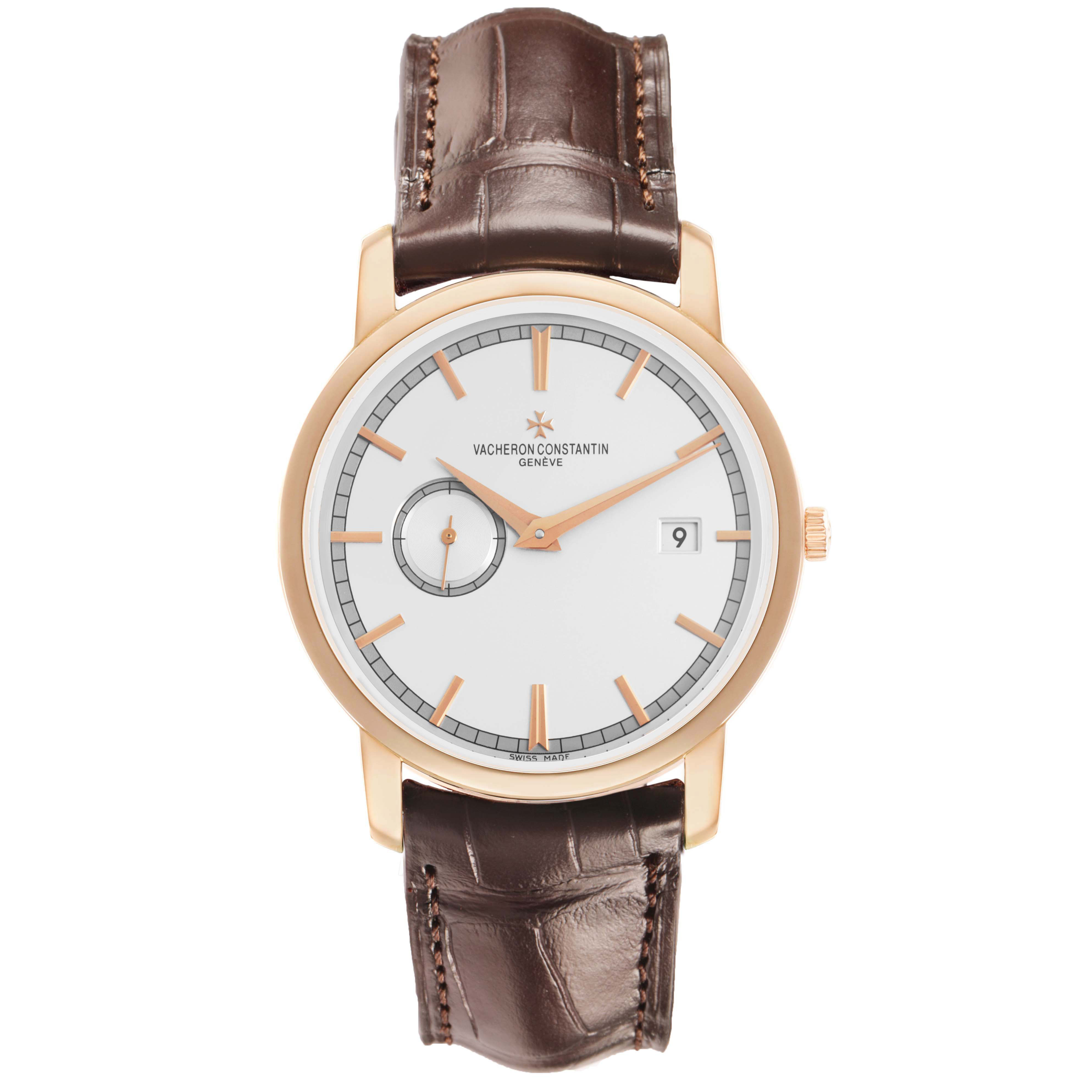The Vacheron Constantin Traditionnelle 87172/000R-9302 Men's Rose Gold Silver Dial watch is shown from the front, displaying the dial, hands, and strap.
