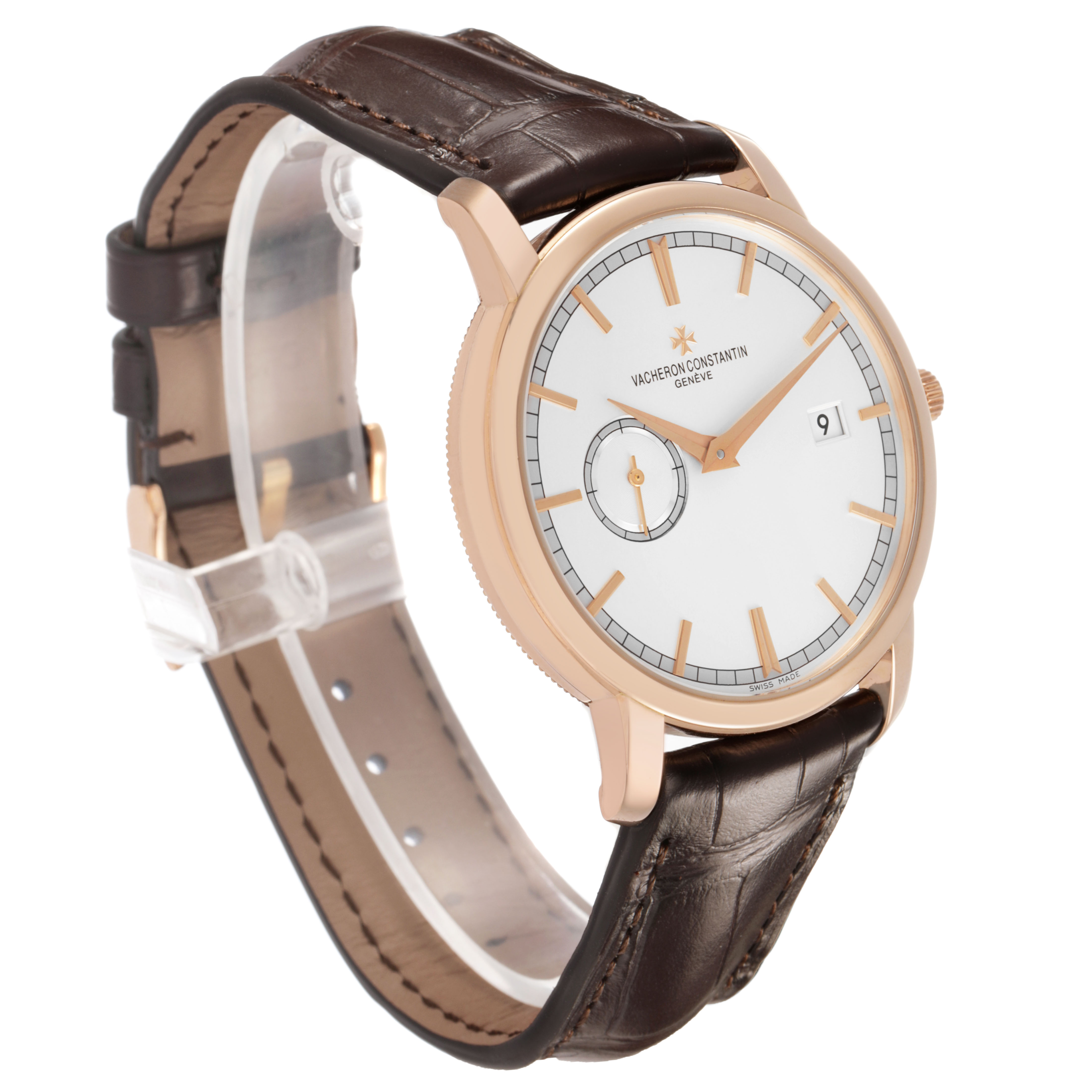 The Vacheron Constantin Traditionnelle 87172/000R-9302 Men's Rose Gold Silver Dial watch is shown at a three-quarter angle, highlighting the face, crown, and bracelet.
