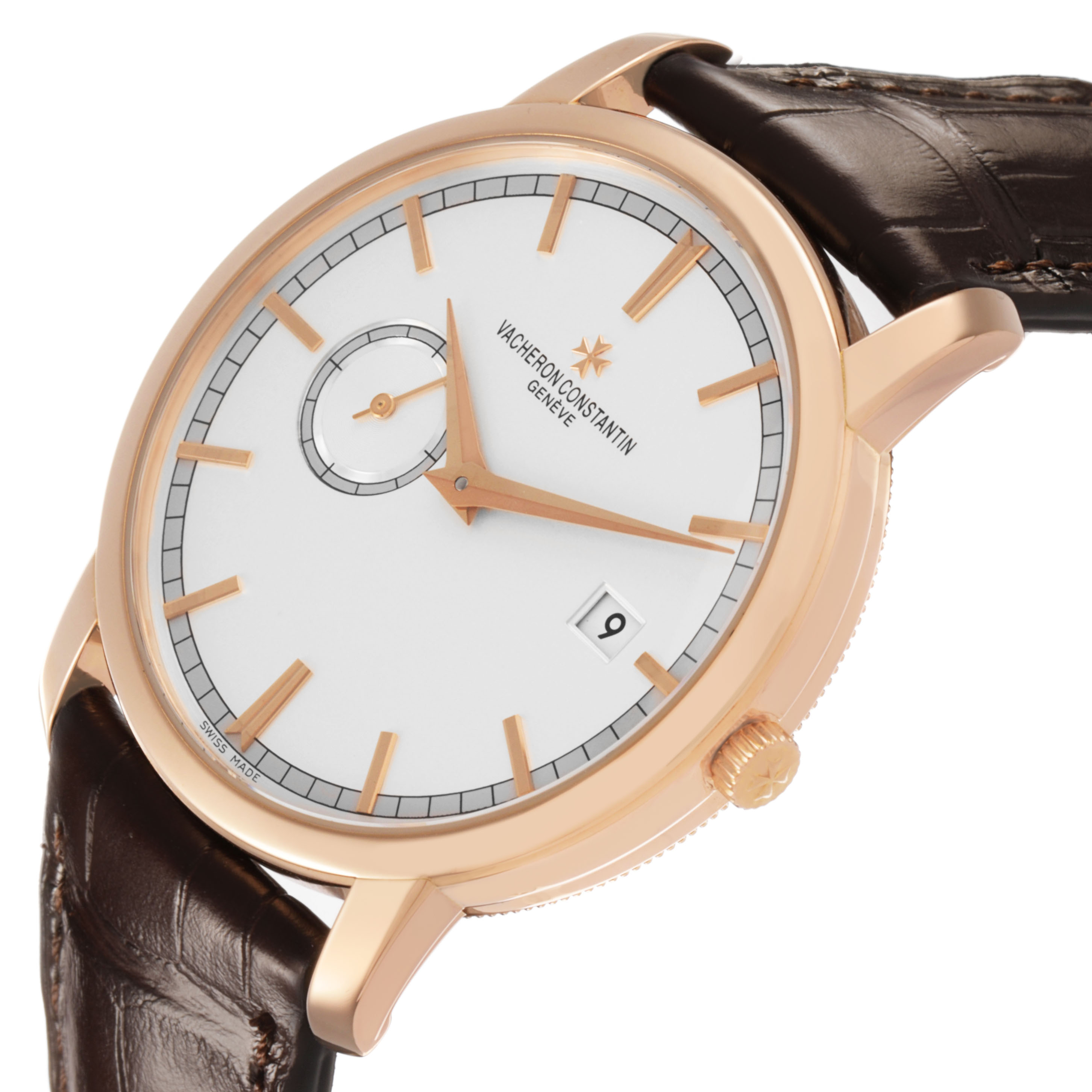 The Vacheron Constantin Traditionnelle 87172/000R-9302 Men's Rose Gold Silver Dial watch is shown at a slight angle, displaying the dial, hands, crown, and leather strap.