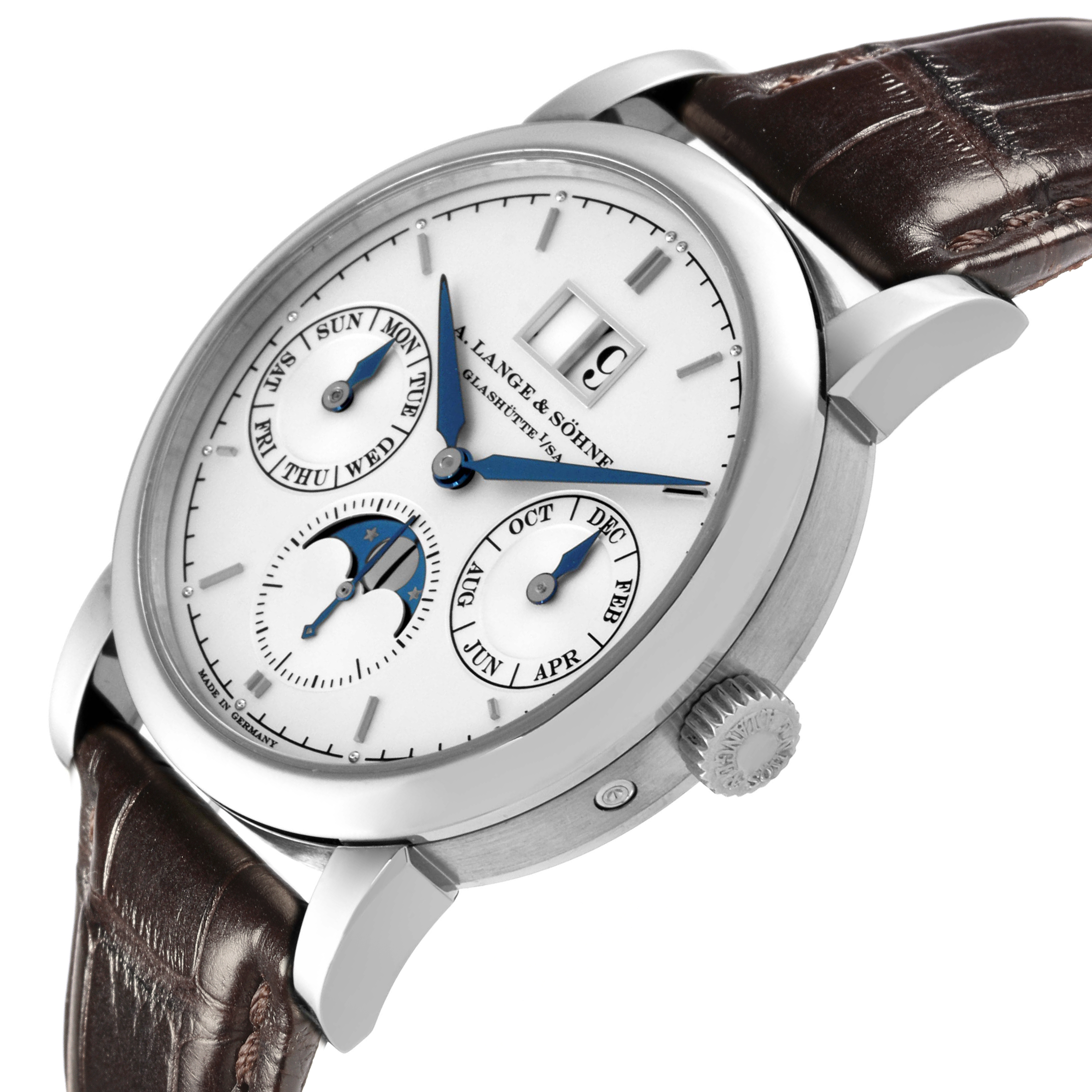 The A. Lange & Sohne Saxonia 330.026 Men's White Gold Silver Dial watch is shown from a side angle, displaying its crown, dial, and leather strap.