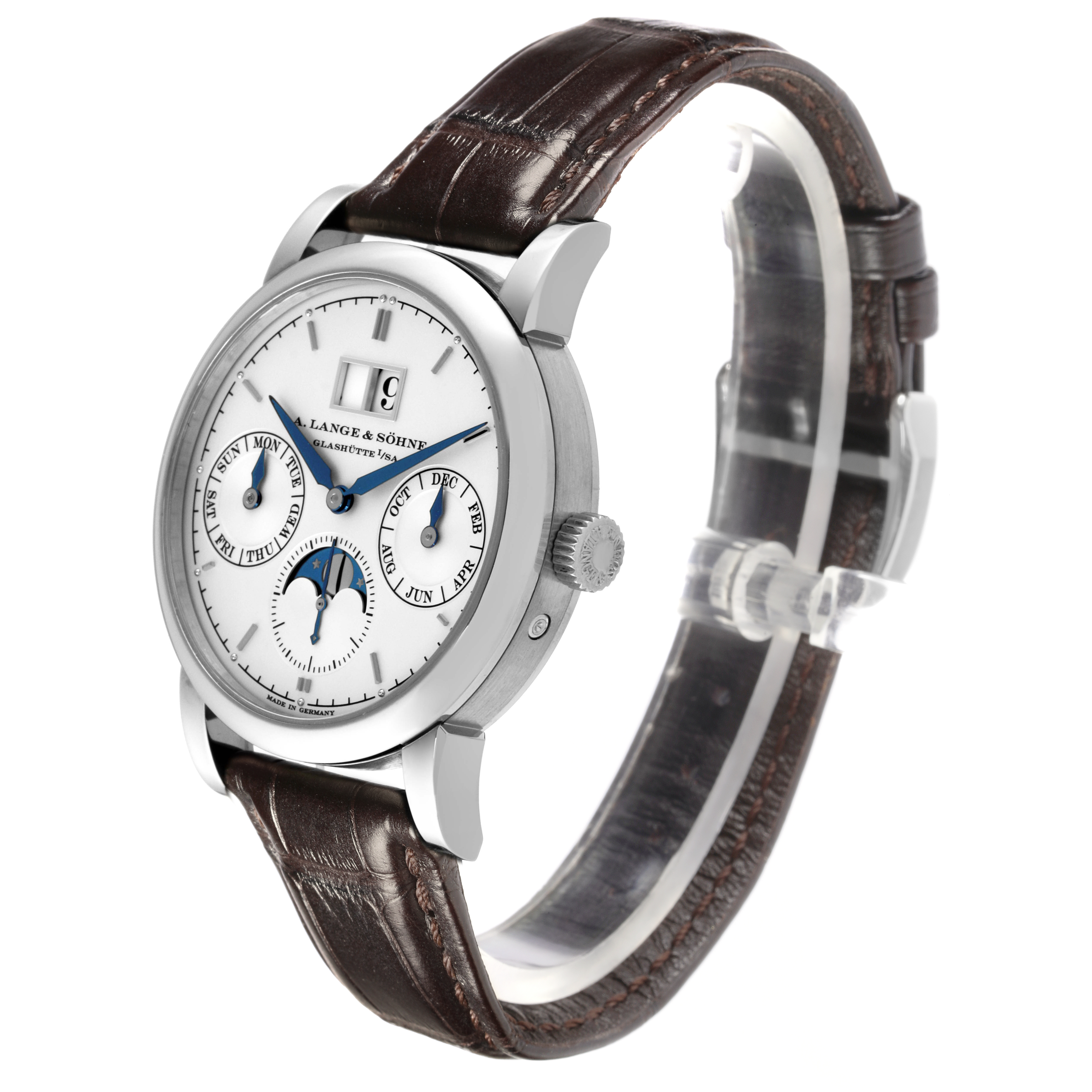 The A. Lange & Sohne Saxonia 330.026 Men's White Gold Silver Dial watch is shown from a three-quarter angle, highlighting the face, crown, and leather strap.