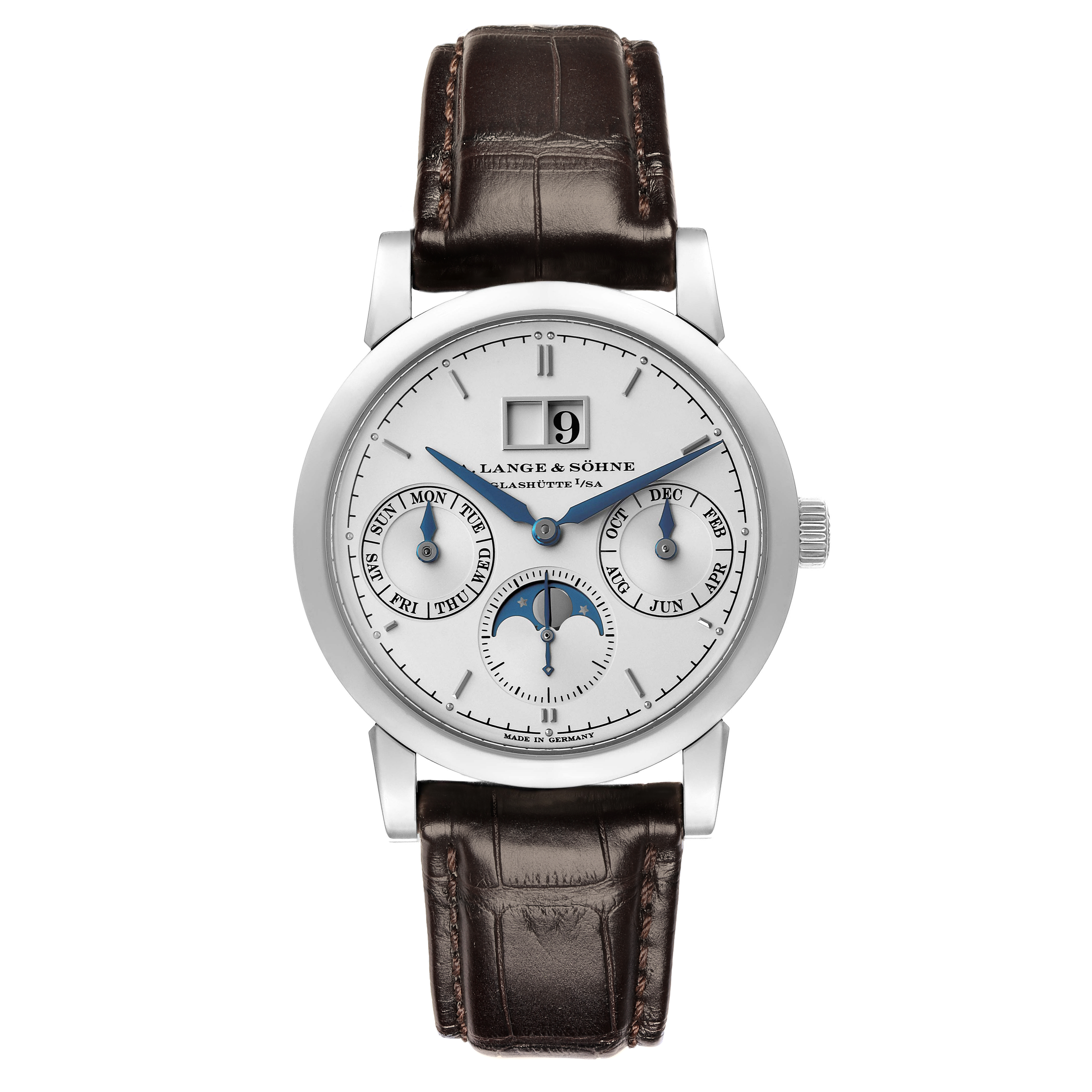 The A. Lange & Sohne Saxonia 330.026 Men's White Gold Silver Dial watch is shown from the front, displaying its dial, subdials, and brown leather strap.