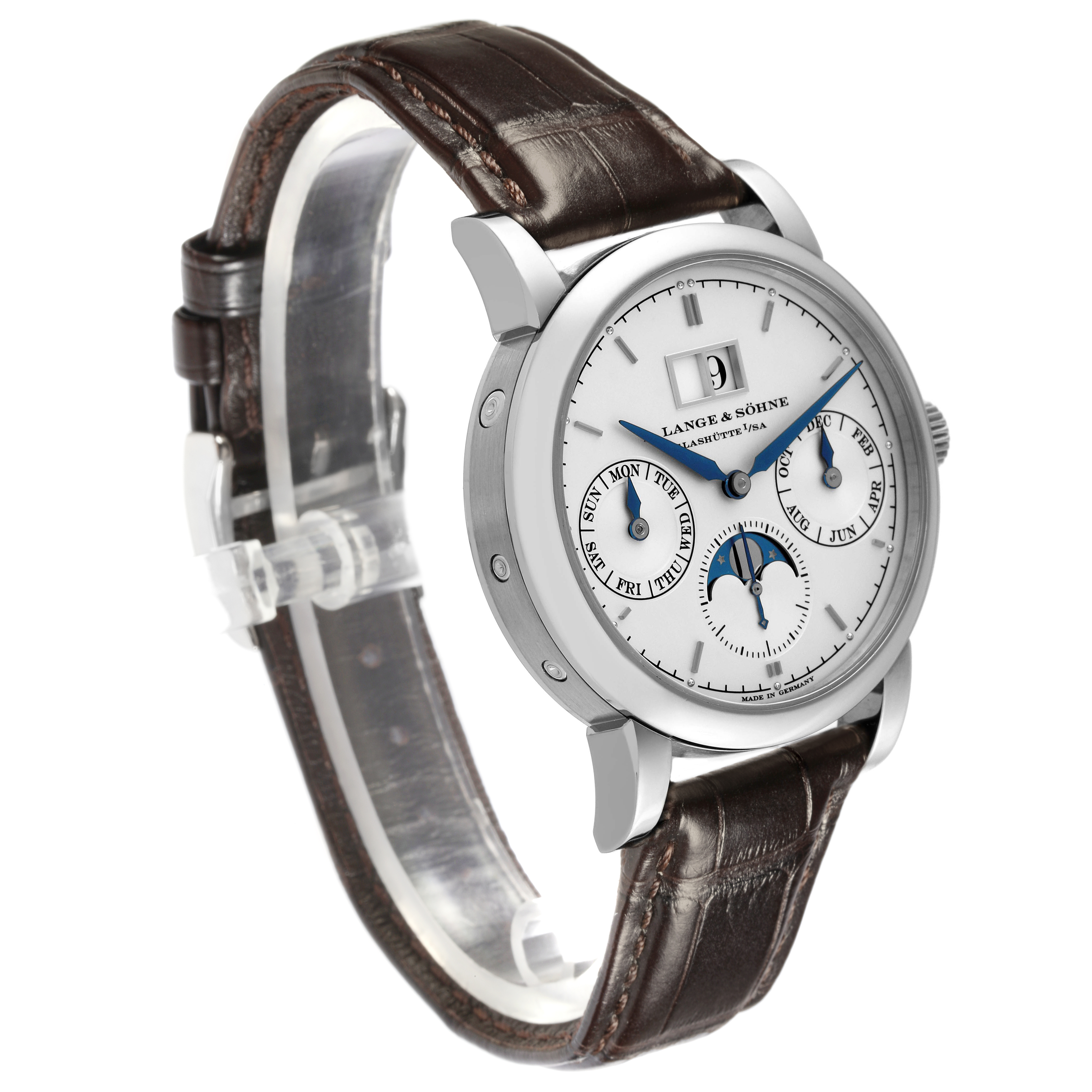 The A. Lange & Sohne Saxonia 330.026 Men's White Gold Silver Dial watch is shown at a three-quarter angle, highlighting the dial, case, and leather strap.