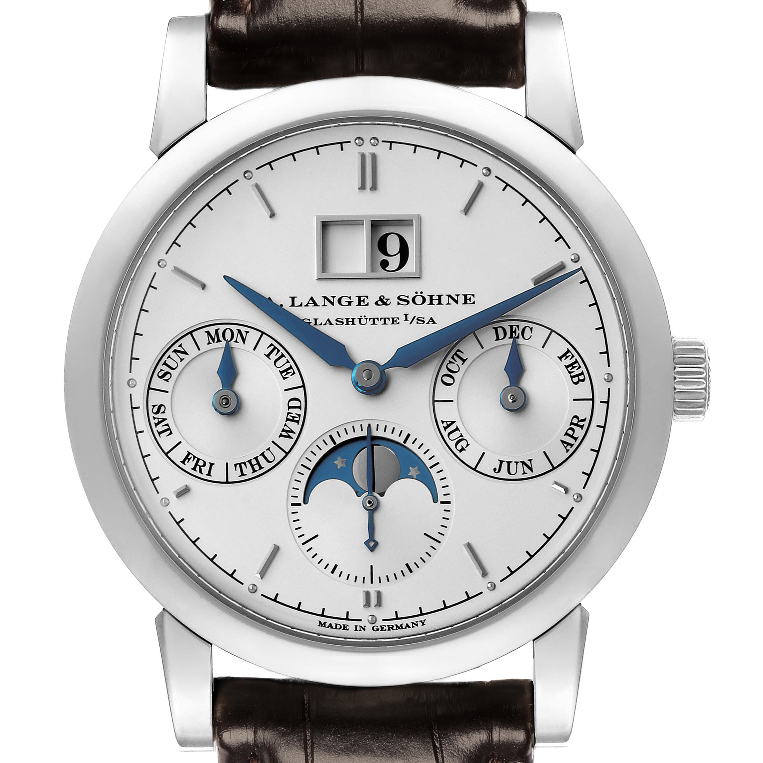 The A. Lange & Sohne Saxonia 330.026 Men's White Gold Silver Dial watch is shown from the front, featuring the dial, hands, calendar functions, and moon phase display.