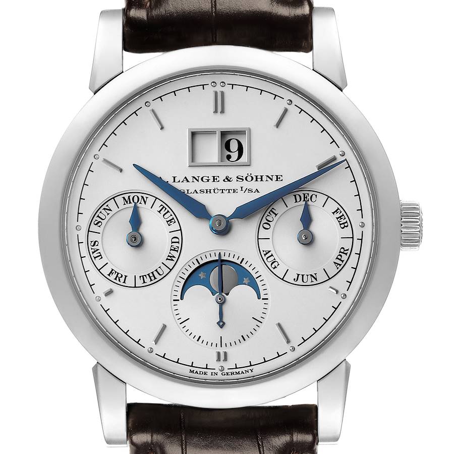 The A. Lange & Söhne Saxonia watch is shown from the front, featuring the dial, hands, calendar functions, and moon phase display.