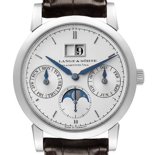 The A. Lange & Söhne Saxonia watch is shown from the front, displaying the dial with calendar and moon phase features.