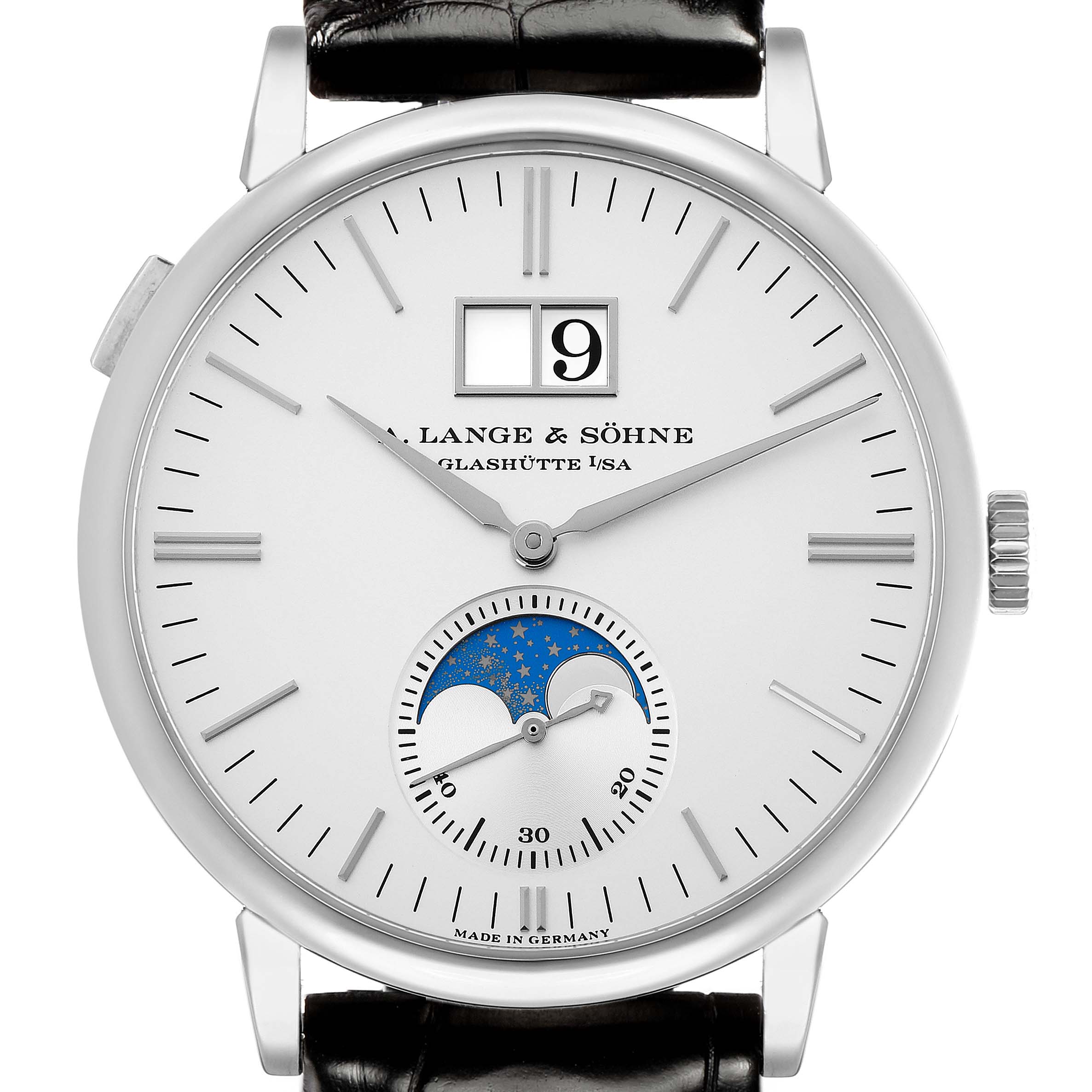 The A. Lange 
Sohne Saxonia 384.026 Men
s White Gold Silver Dial watch is shown from the front, displaying its face, date, and moon phase features.