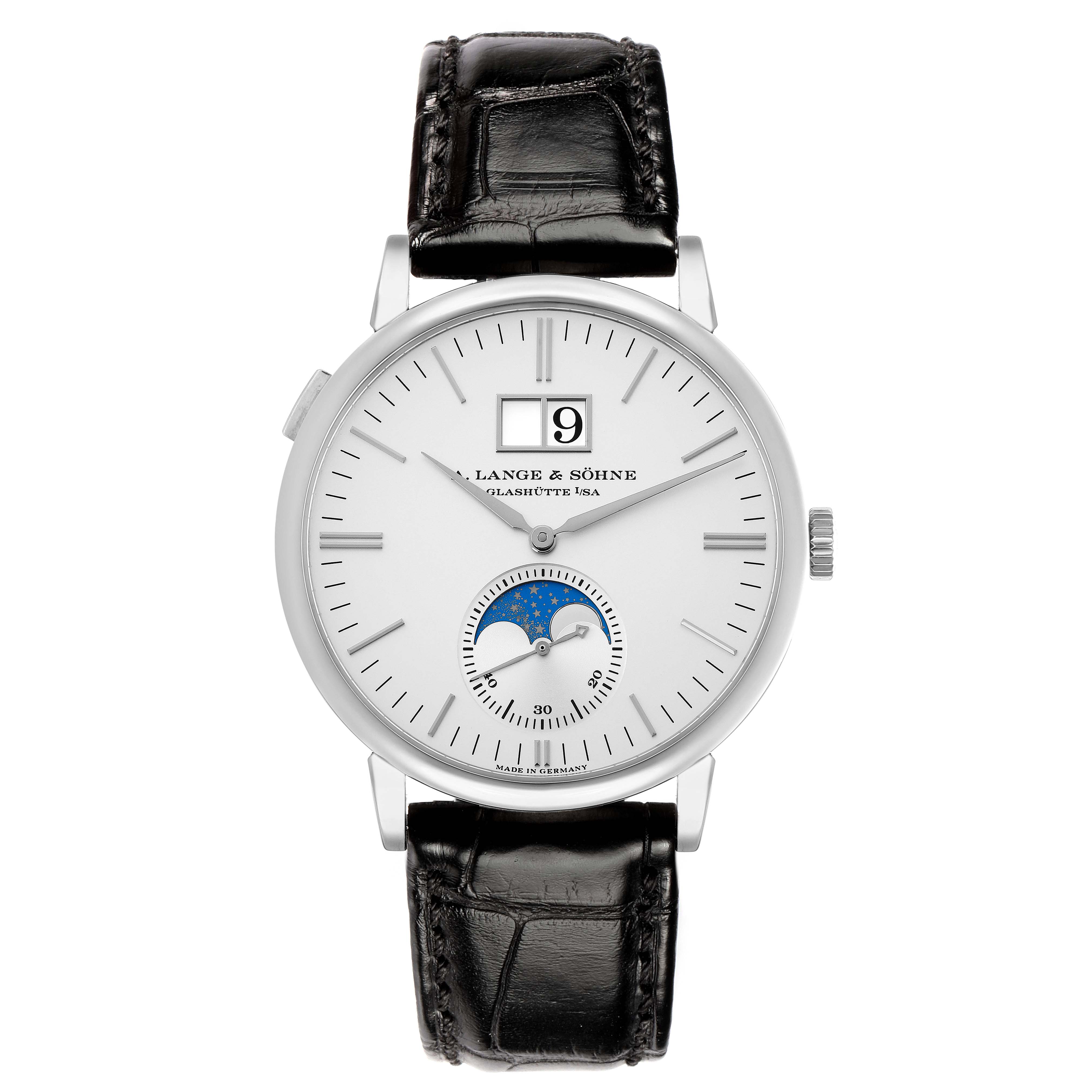 The A. Lange 
Sohne Saxonia 384.026 Men
s White Gold Silver Dial watch is shown from a front angle, featuring the dial, moon phase, date display, and leather strap.