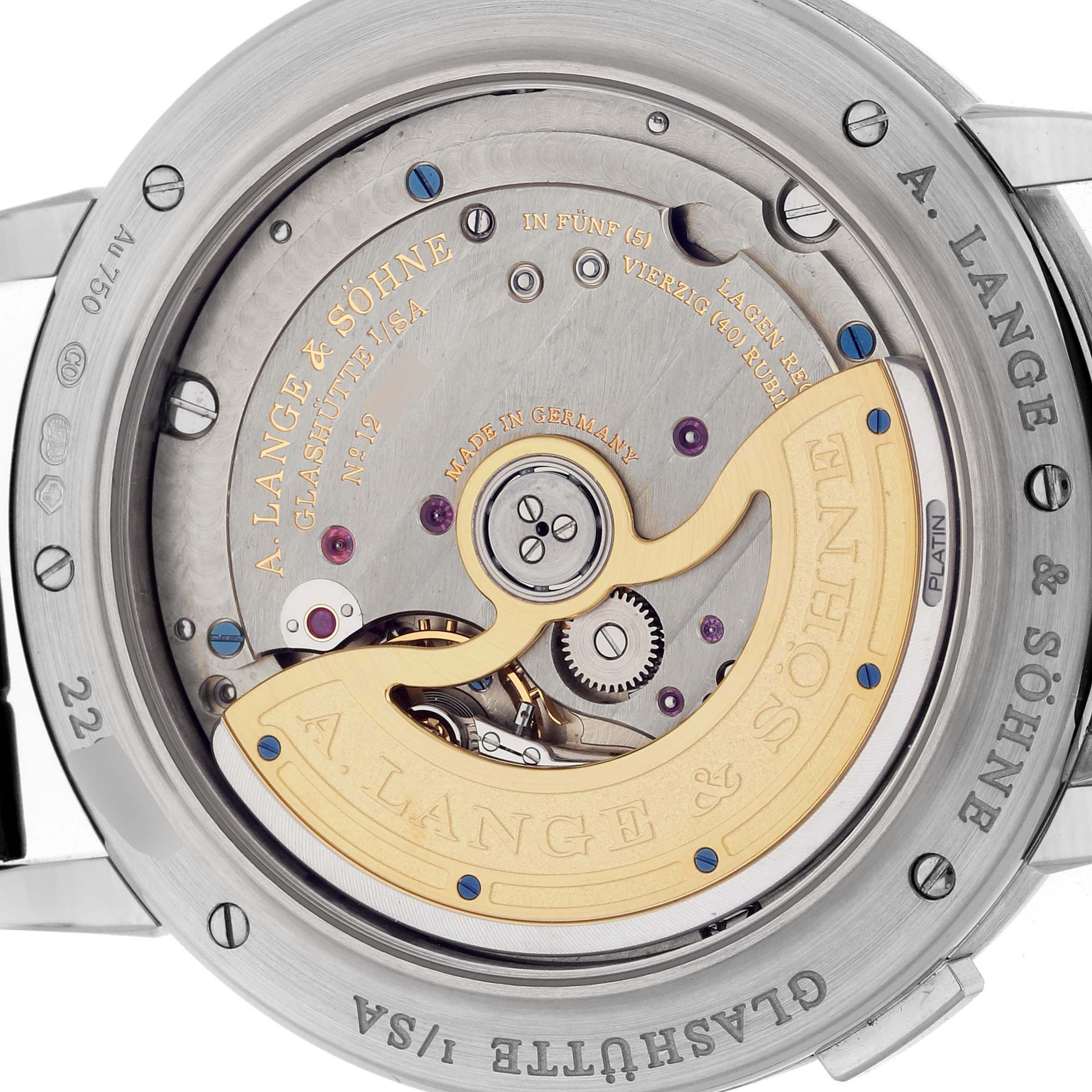 The image shows the transparent case back of the A. Lange 
Sohne Saxonia 384.026 Men
s White Gold Silver Dial watch, highlighting the movement and rotor.