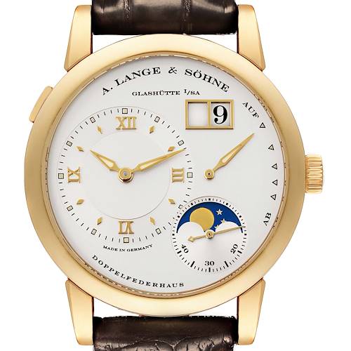 The image shows a frontal view of the A. Lange & Söhne Lange 1 watch, highlighting the dial, subdials, and moon phase display.