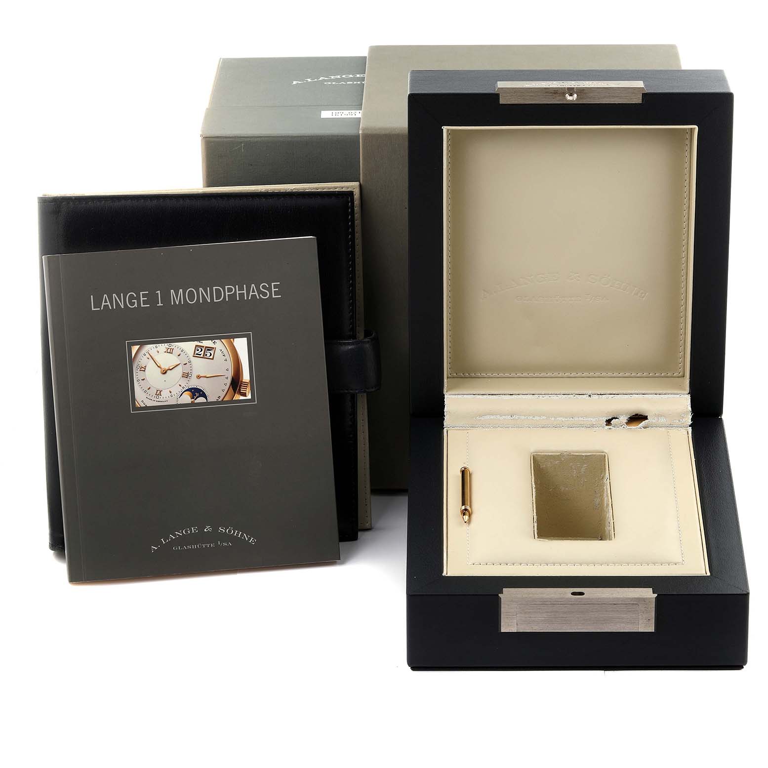 The image shows the open box, booklet, and outer packaging for the Lange 1 model by A. Lange 
Söhne.