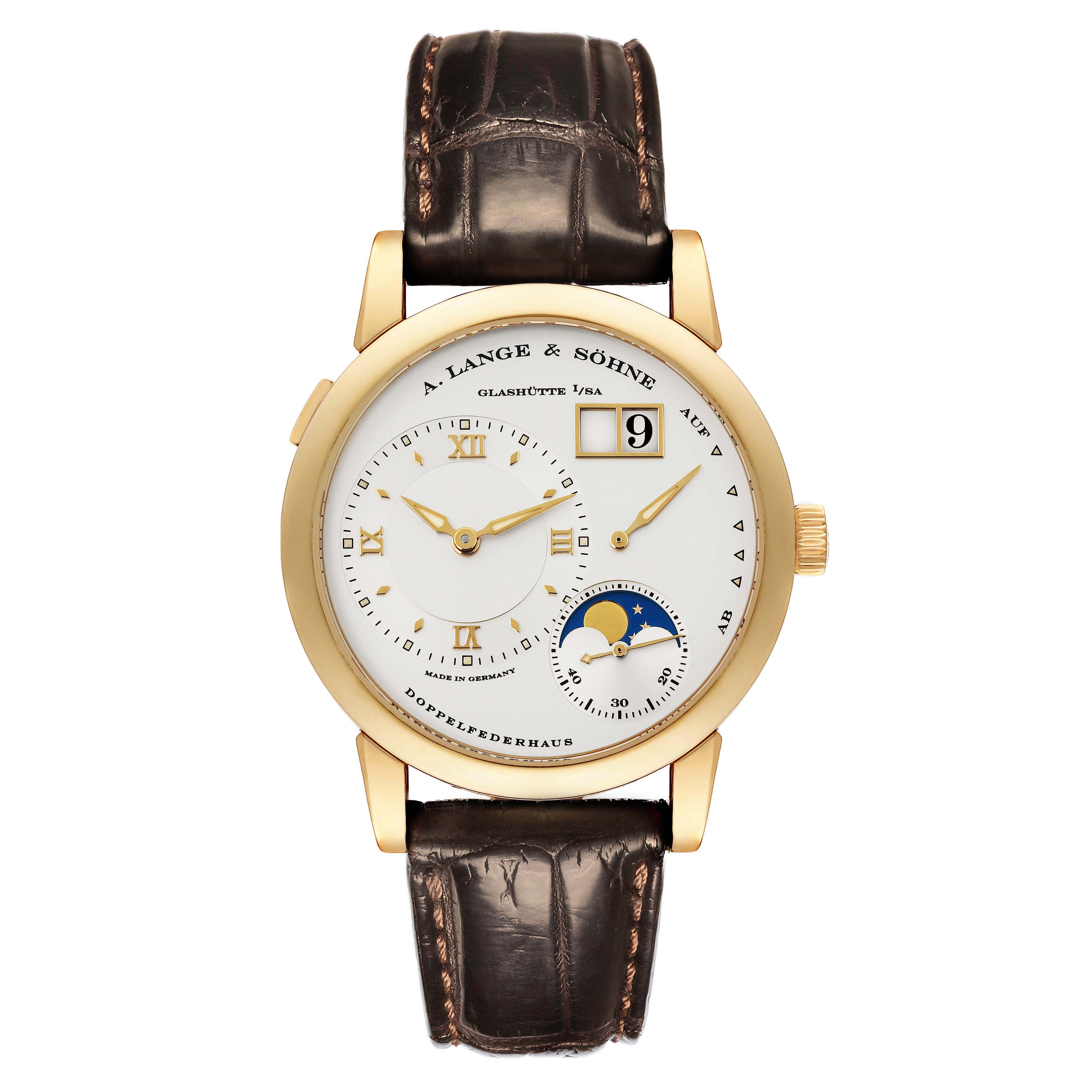The Lange 1 by A. Lange 
Söhne is shown from the front, displaying its dial with time, date, and moon phase features.