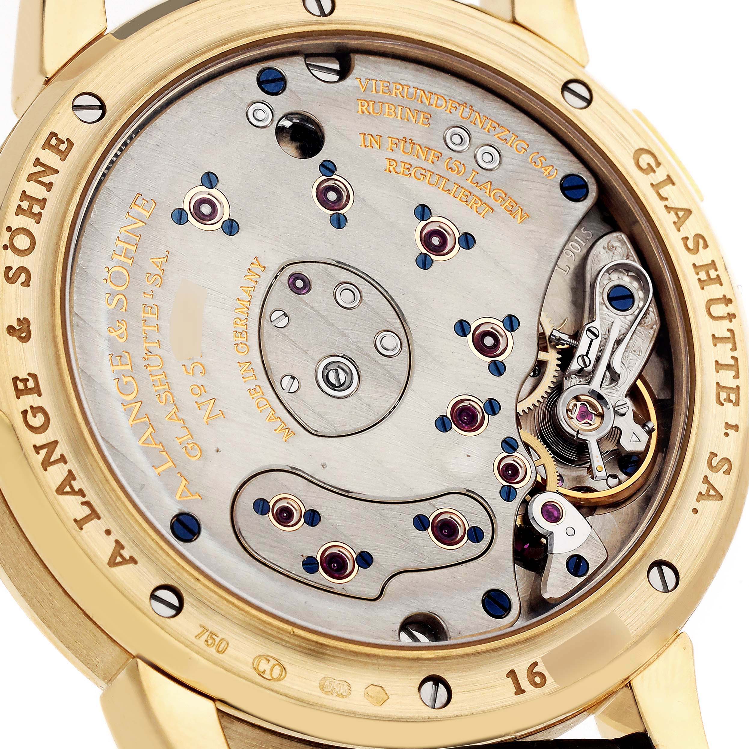 The image shows the back view of the A. Lange 
Sohne Lange 1 109.021 Men
s Yellow Gold Silver Dial watch, highlighting its intricate movement and engravings.