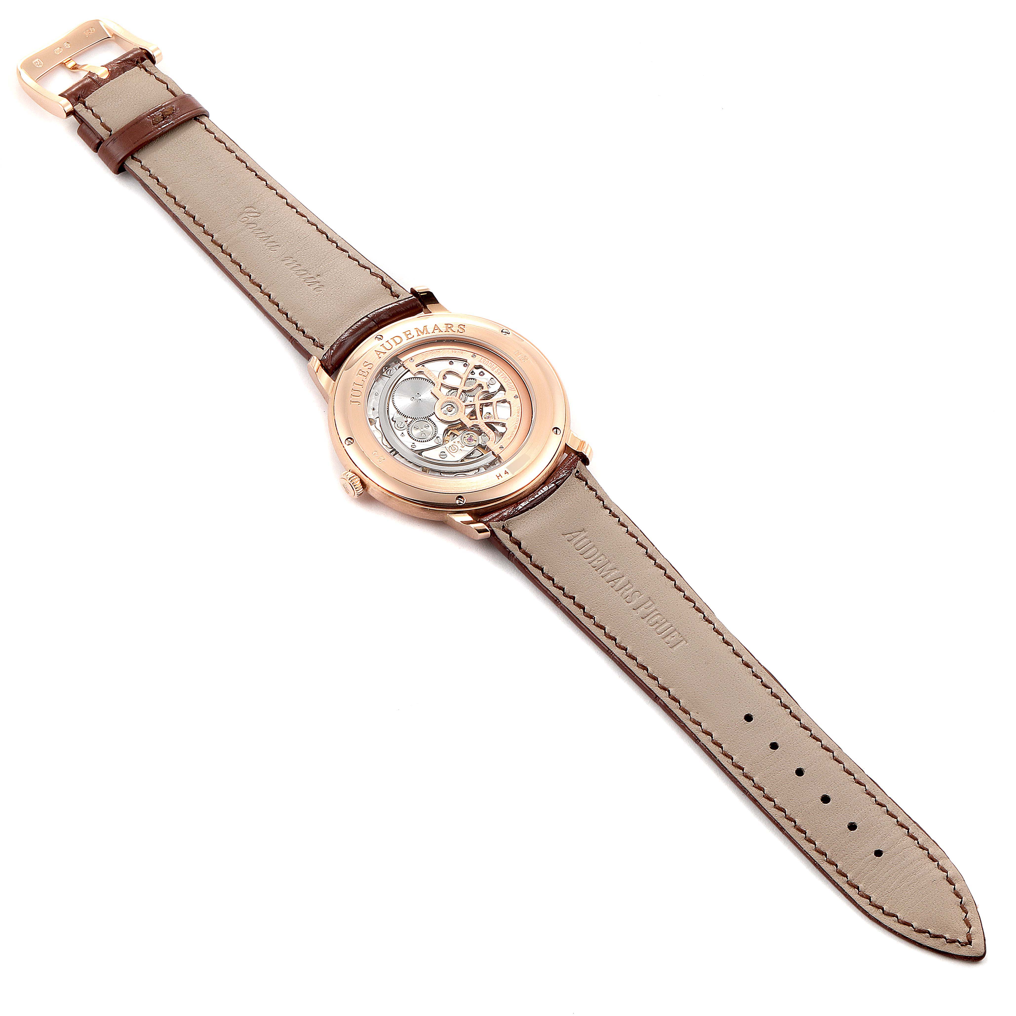 The image shows the back view of the Jules model by Audemars Piguet, highlighting the strap and exposed movement mechanism.