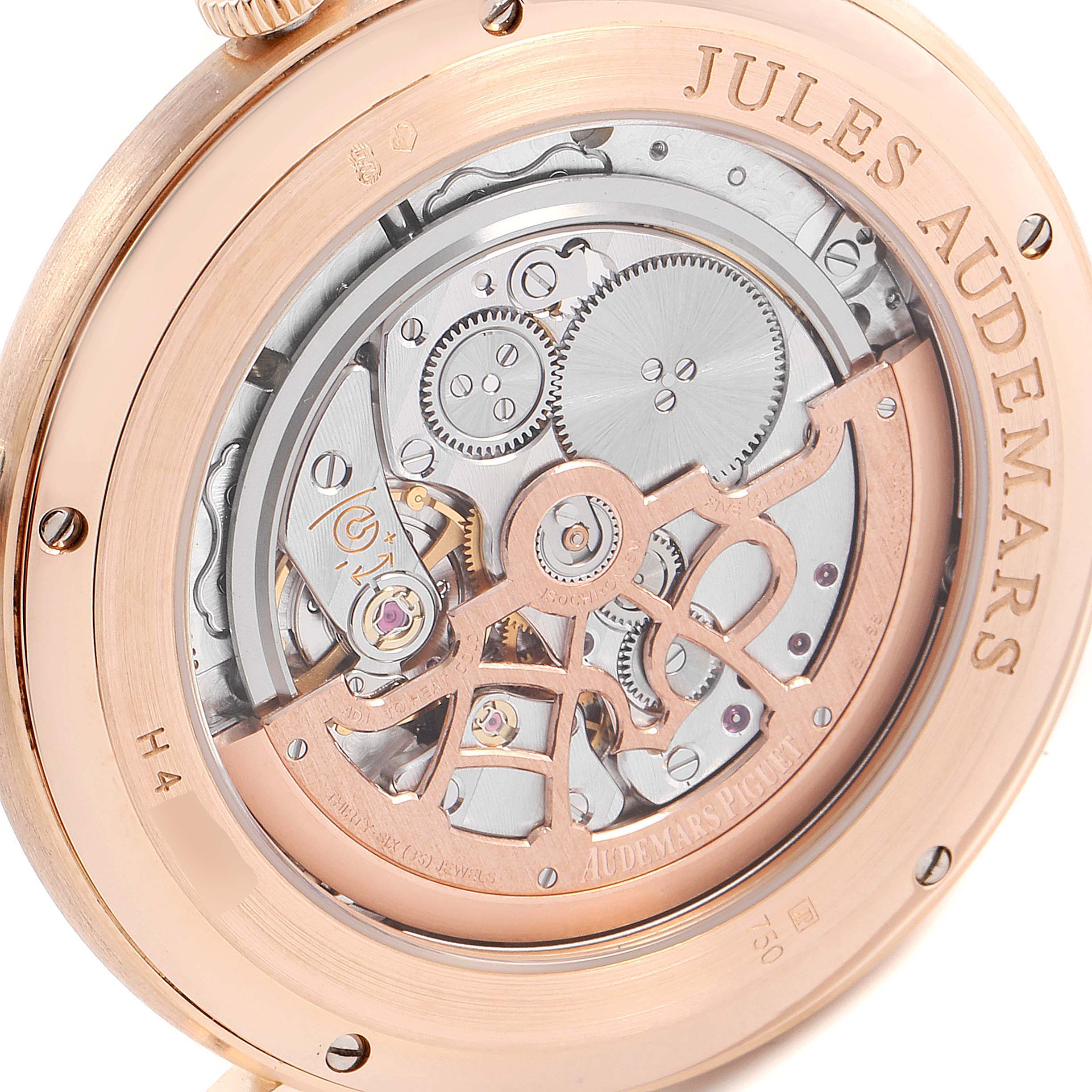 The image shows the back view of the Audemars Piguet Jules 15180OR.OO.A088CR.01 Men's Rose Gold Silver Dial 15180OR.OO.A088CR.01 Men's Rose Gold Silver Dial model watch, revealing its intricate mechanical movement.