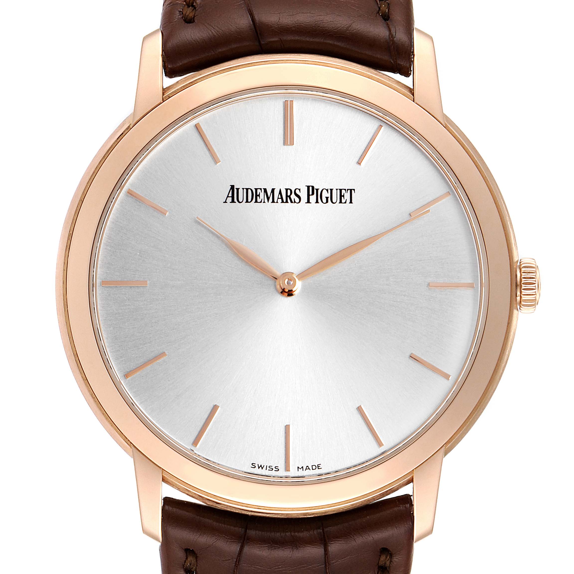 This image shows a front view of the Audemars Piguet Jules 15180OR.OO.A088CR.01 Men's Rose Gold Silver Dial 15180OR.OO.A088CR.01 Men's Rose Gold Silver Dial watch, highlighting the dial, hands, and leather strap.