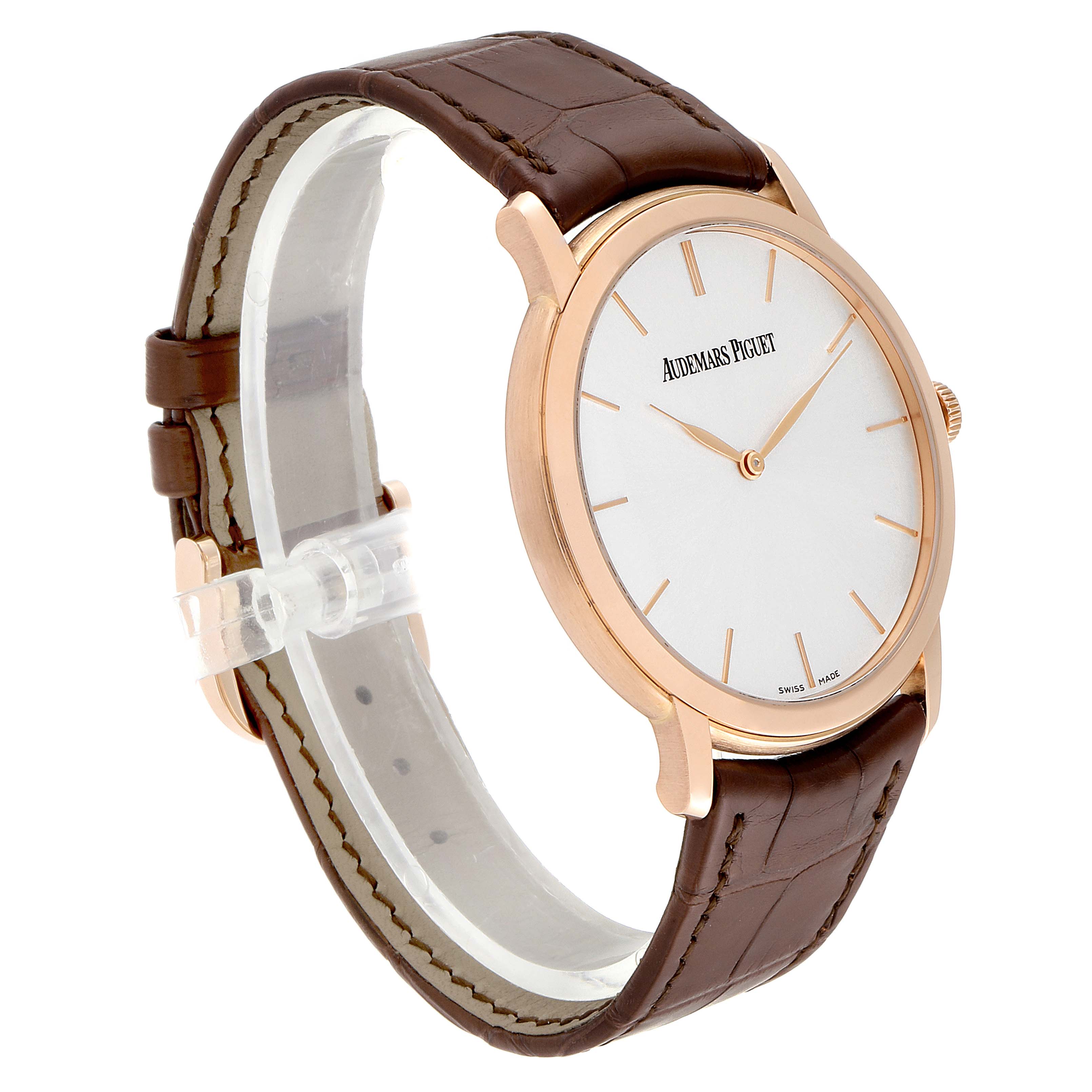 This image shows the Audemars Piguet Jules 15180OR.OO.A088CR.01 Men's Rose Gold Silver Dial 15180OR.OO.A088CR.01 Men's Rose Gold Silver Dial watch at a three-quarter angle, highlighting the dial, case, and leather strap.