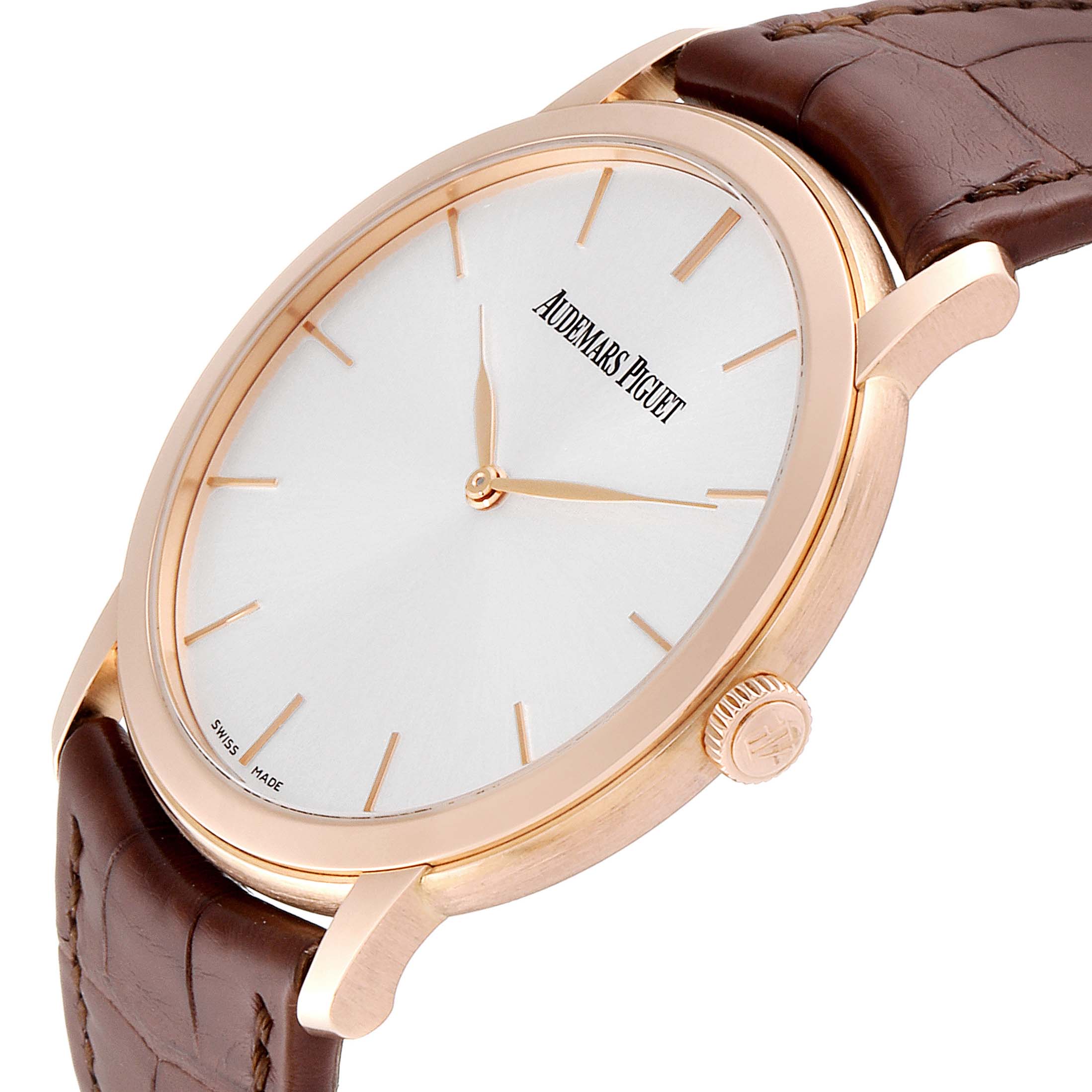 The image shows a close-up angled view of the Audemars Piguet Jules 15180OR.OO.A088CR.01 Men's Rose Gold Silver Dial 15180OR.OO.A088CR.01 Men's Rose Gold Silver Dial watch, highlighting its face, crown, and leather strap.