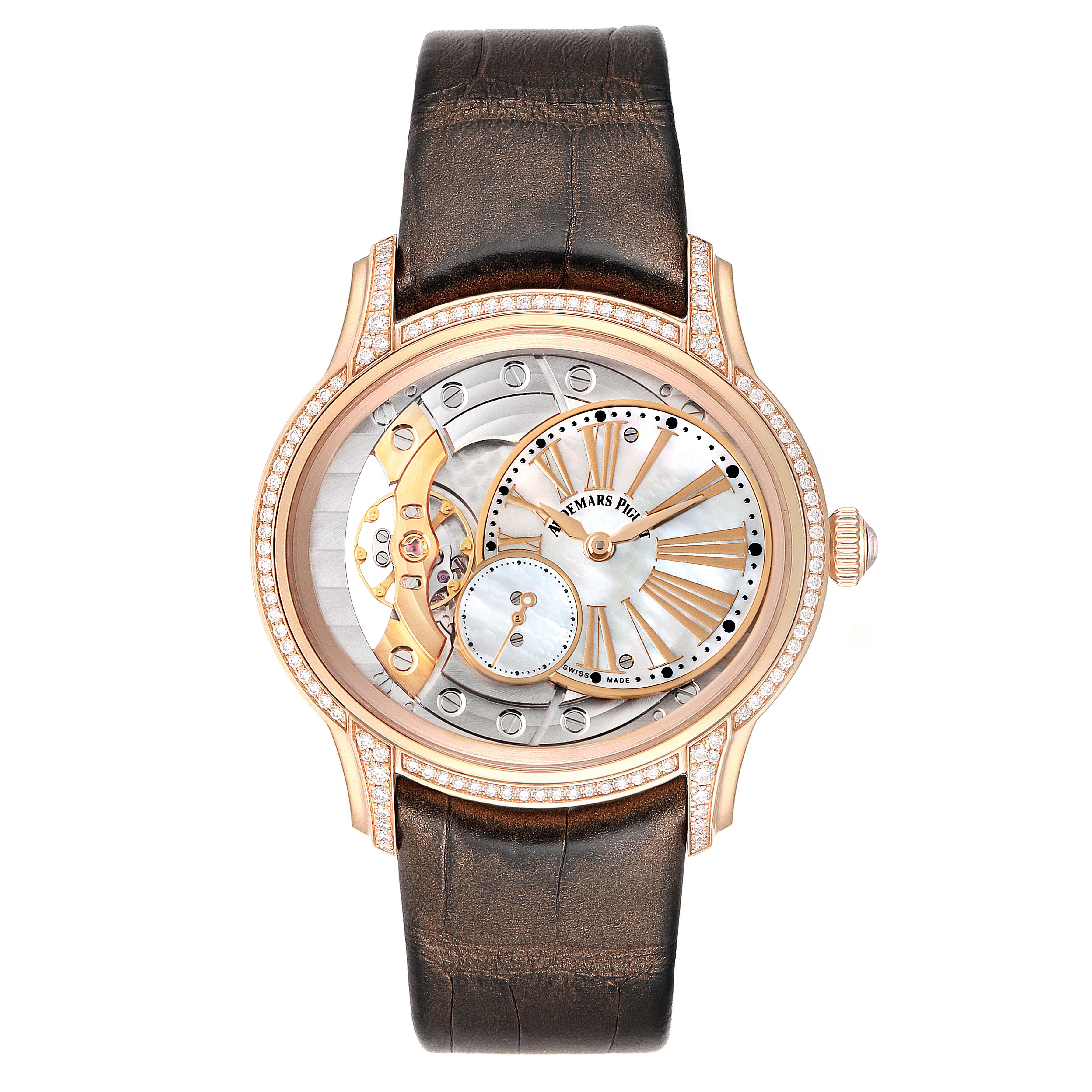 This Audemars Piguet Millenary 77247OR.ZZ.1272OR.01 Women's Rose Gold Mother of Pearl Dial 77247OR.ZZ.1272OR.01 Women's Rose Gold Mother of Pearl Dial watch is shown from a front angle, displaying its face, leather strap, and jeweled case.