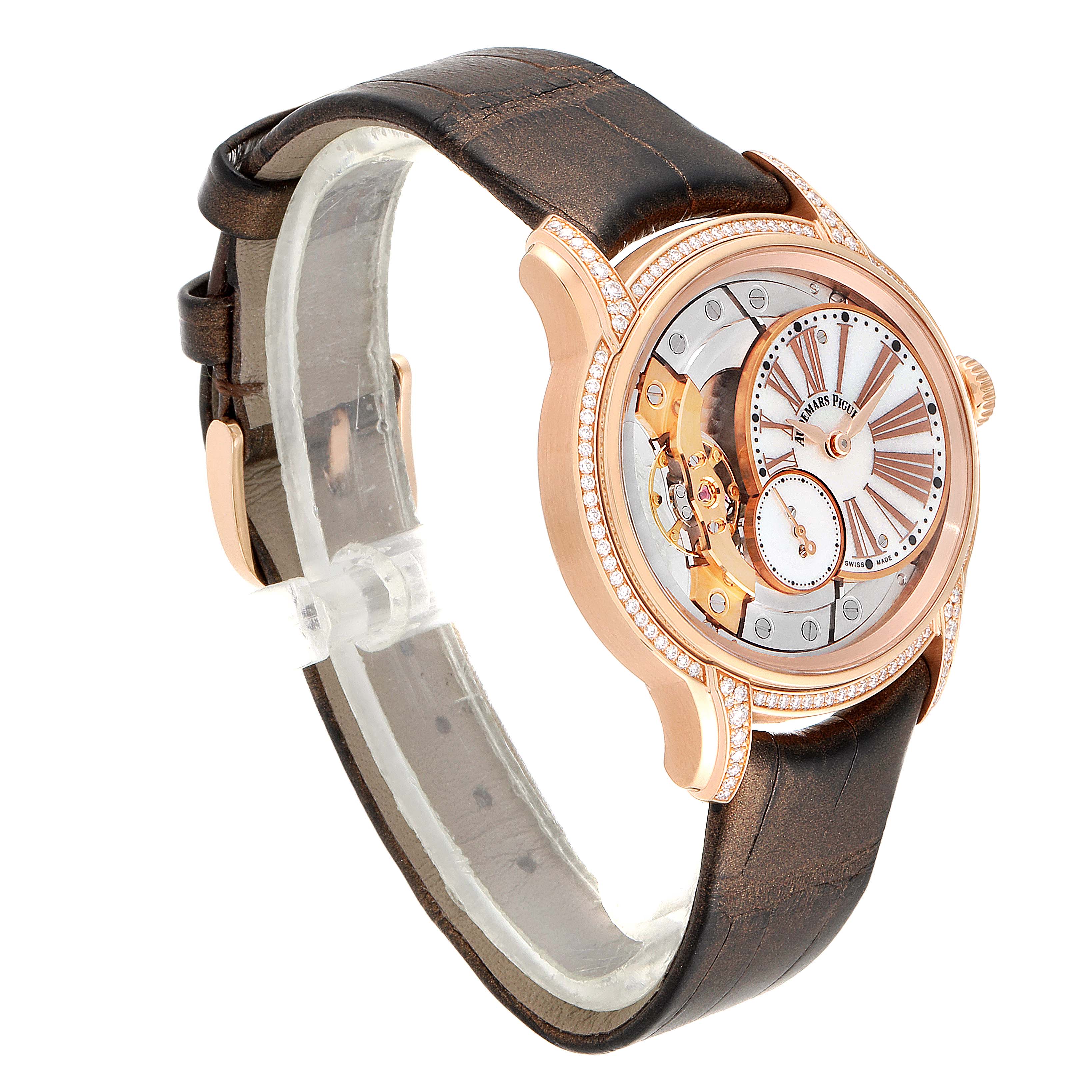 The image shows a side angle of the Audemars Piguet Millenary 77247OR.ZZ.1272OR.01 Women's Rose Gold Mother of Pearl Dial 77247OR.ZZ.1272OR.01 Women's Rose Gold Mother of Pearl Dial watch, highlighting its rose gold case, brown leather strap, and exposed movement.