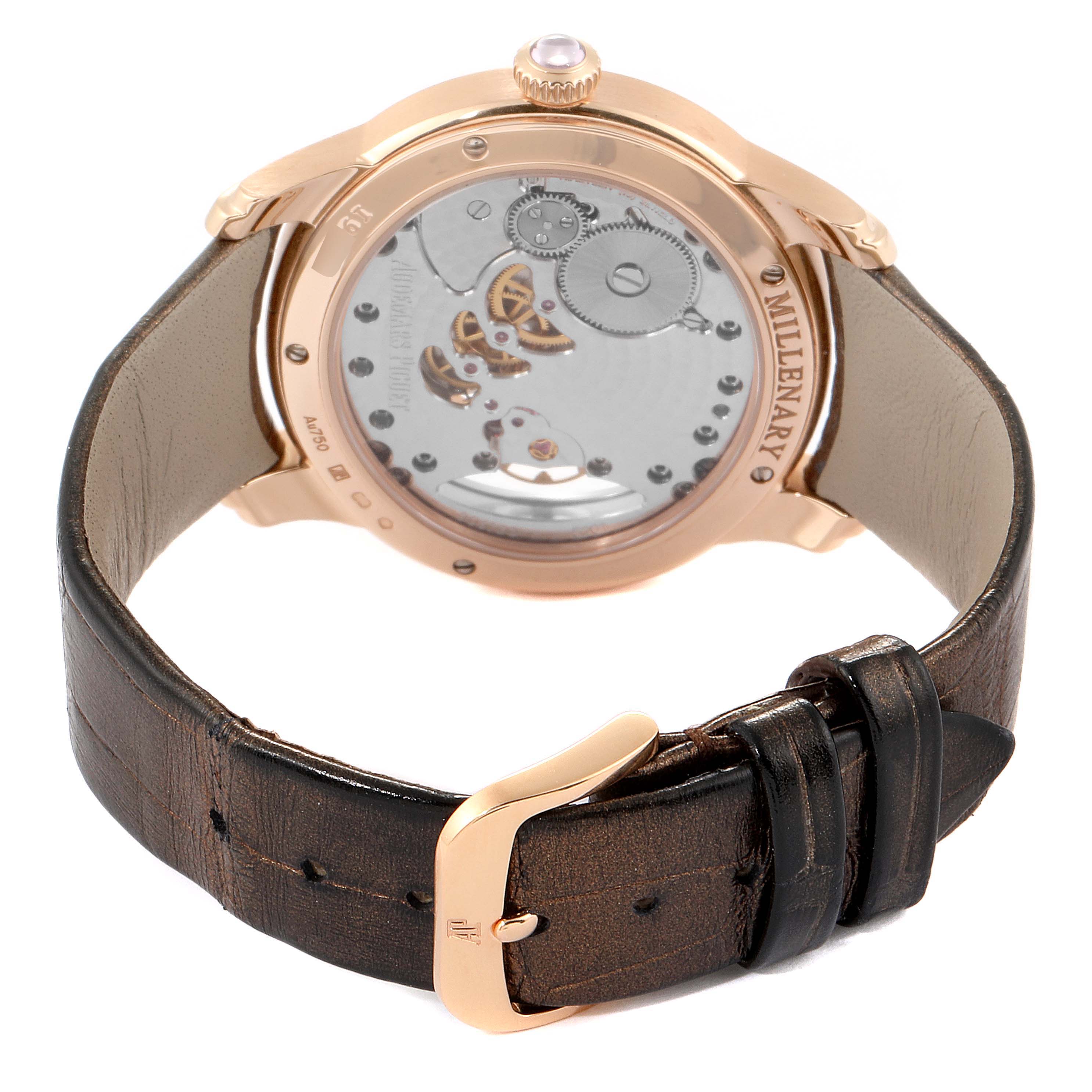 The image shows the back view of an Audemars Piguet Millenary 77247OR.ZZ.1272OR.01 Women's Rose Gold Mother of Pearl Dial 77247OR.ZZ.1272OR.01 Women's Rose Gold Mother of Pearl Dial watch, highlighting the movement and leather strap.